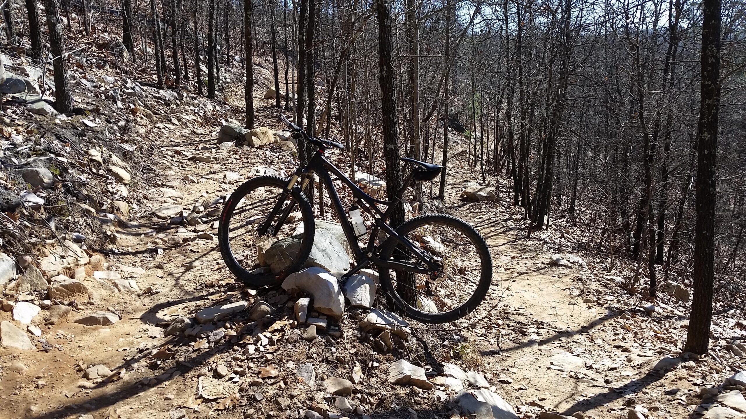 A mountain bike resting on a large rock along a dirt trail surrounded by sparse trees and rocky terrain. The ground is covered with fallen leaves and small stones, indicating a natural outdoor setting. Coldwater Mountain mountain bike trail.