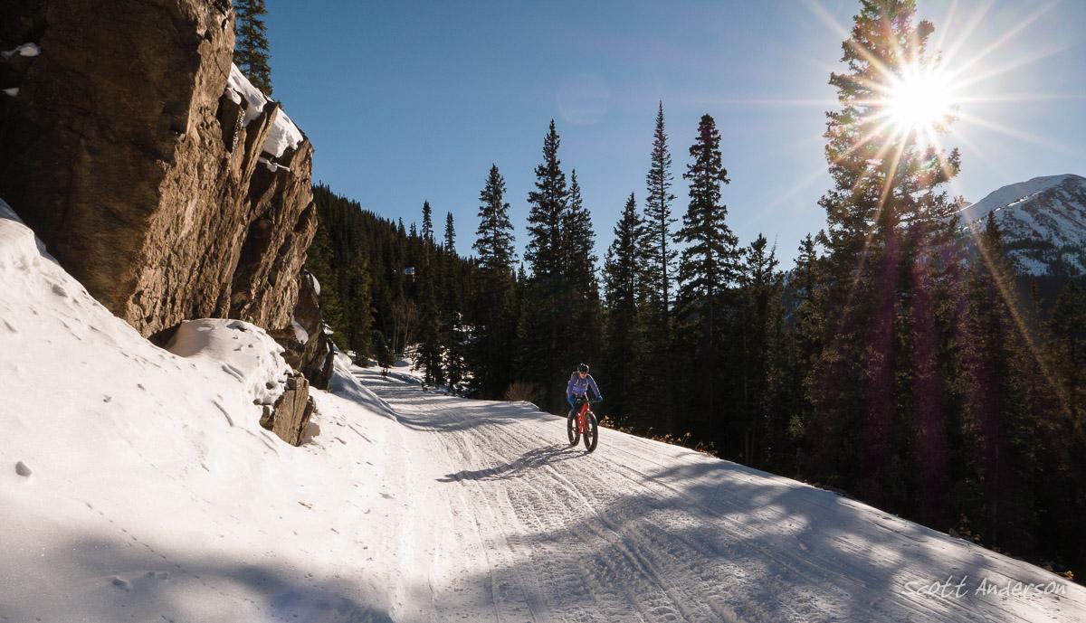 A person riding a fat tire bike along a snowy trail, surrounded by tall evergreen trees and rocky terrain, with the sun shining brightly in the sky. Hancock Road mountain bike trail.
