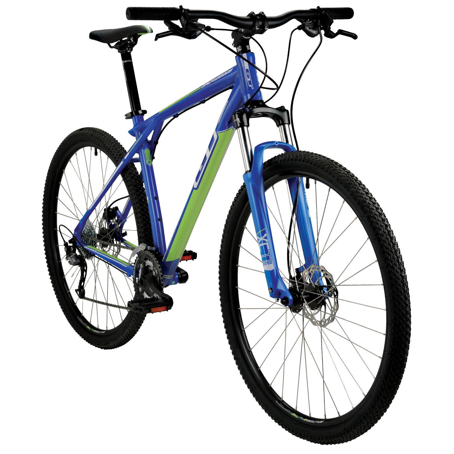 GT Backwoods: A blue and green mountain bike with a sturdy frame, front suspension fork, and rugged tires, positioned at an angle. The bike features disc brakes and a chain drive, highlighting its design for off-road use. The handlebars are equipped with grips, and the seat is adjustable. The background is plain white, emphasizing the bike's design details.
