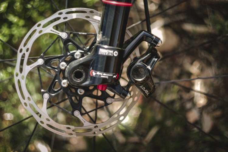 Close-up view of a bicycle's disc brake, featuring a silver brake rotor and a black caliper mounted on a fork. The background is blurred with hints of greenery and natural elements.