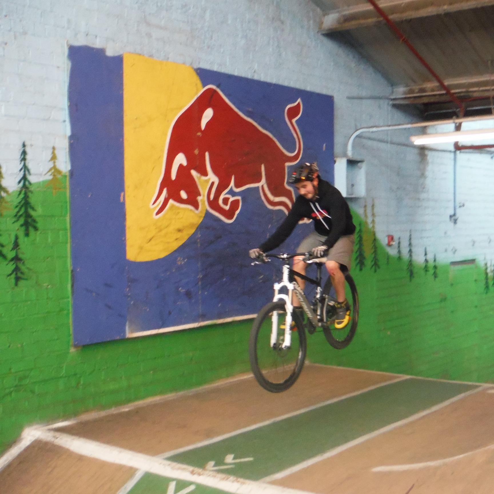 A cyclist performing a jump on a mountain bike in an indoor bike park, with a colorful mural featuring a bull in the background. The scene includes green painted walls resembling trees and a dirt track beneath the bike. Rays Indoor Mtb Park mountain bike trail.