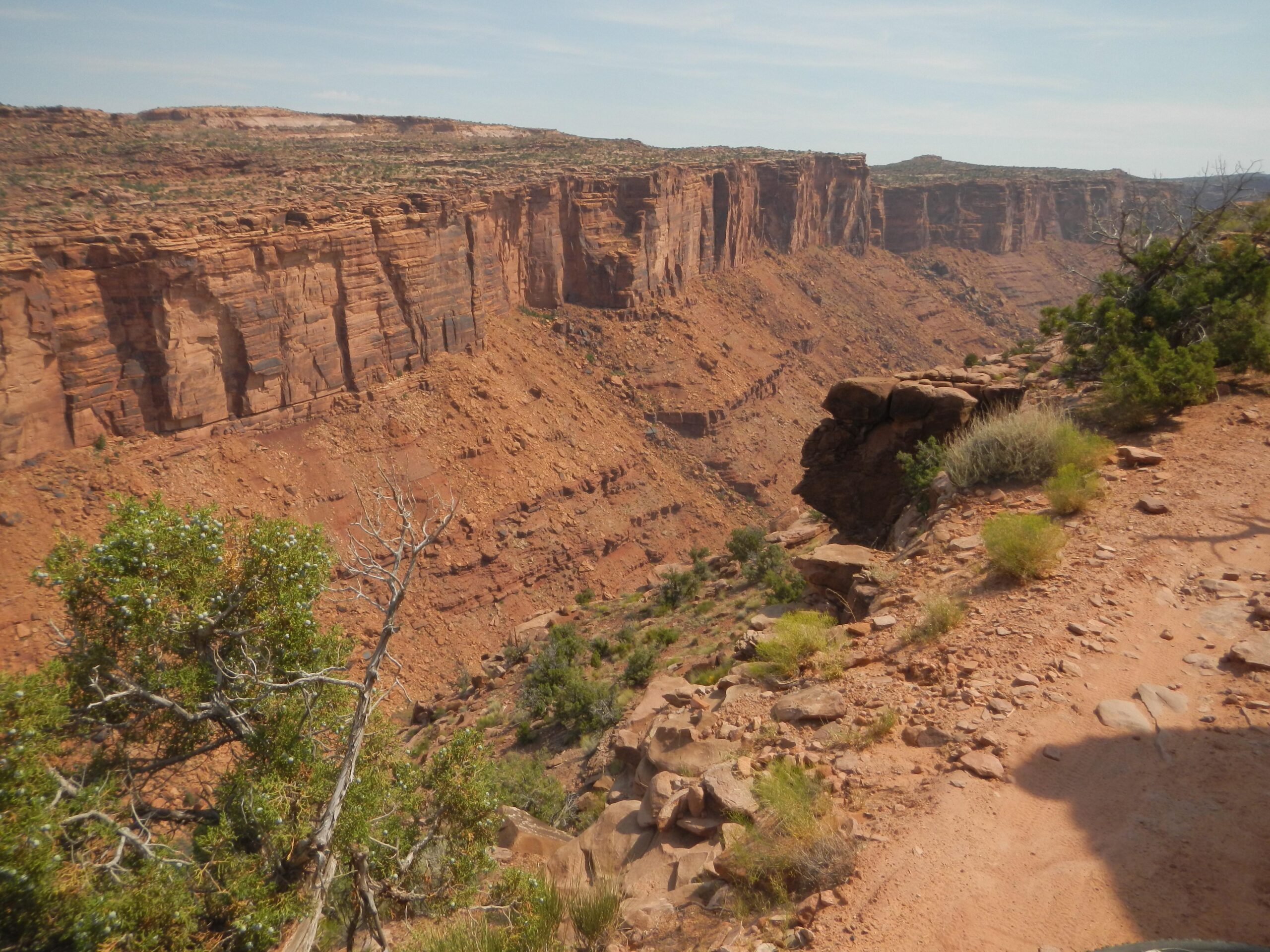 A panoramic view of a red rock canyon featuring steep cliffs and rocky terrain, with sparse vegetation dotted throughout. The sky is clear and blue with a few clouds, highlighting the natural beauty of the rugged landscape. The Whole Enchilada mountain bike trail.