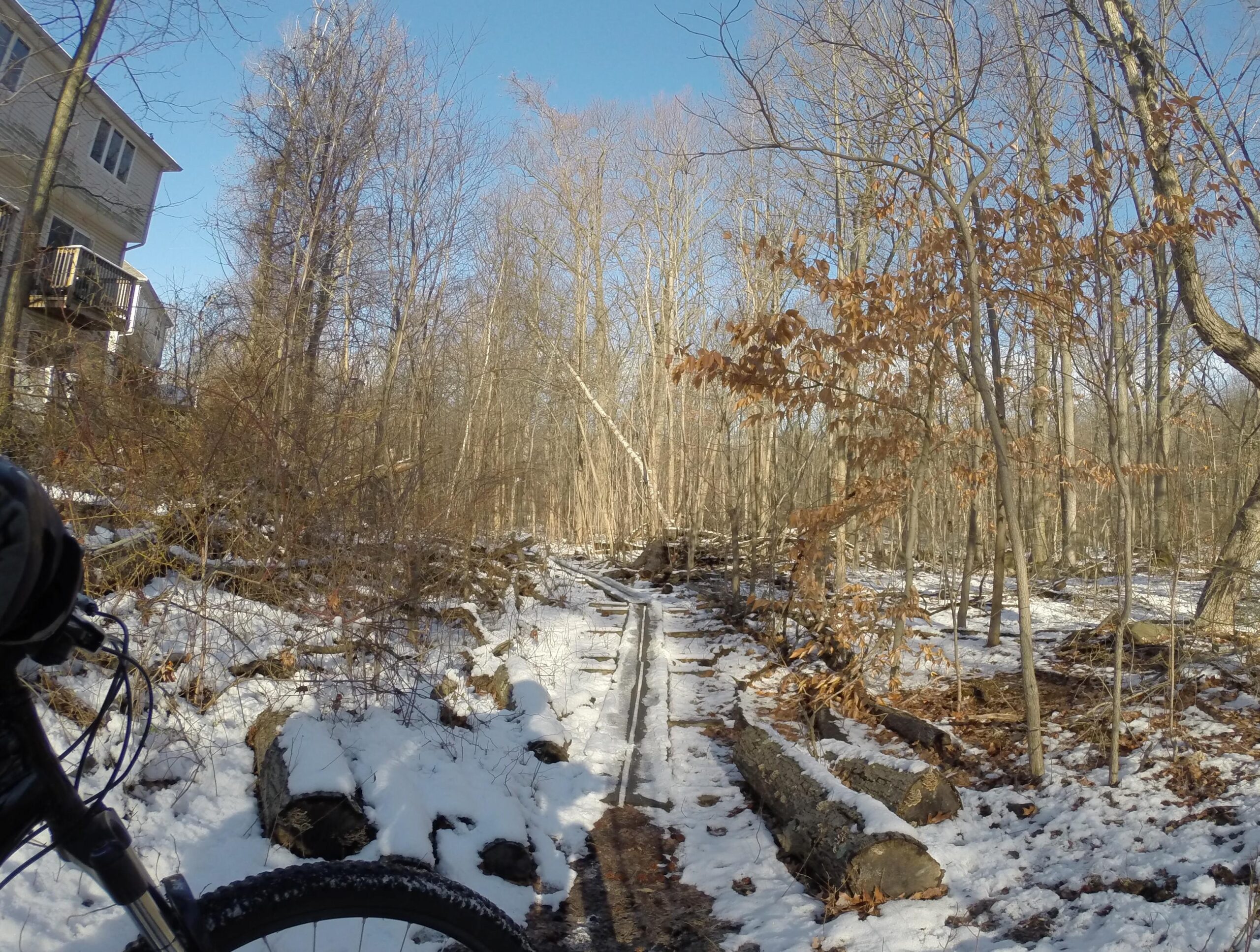 A winter trail lined with snow and fallen logs, leading into a wooded area. A residential building is partially visible on the left side of the image, surrounded by bare trees and a clear blue sky. The scene depicts a mountain bike positioned in the foreground. Richmond Avenue and Forest Hill road mountain bike trail.