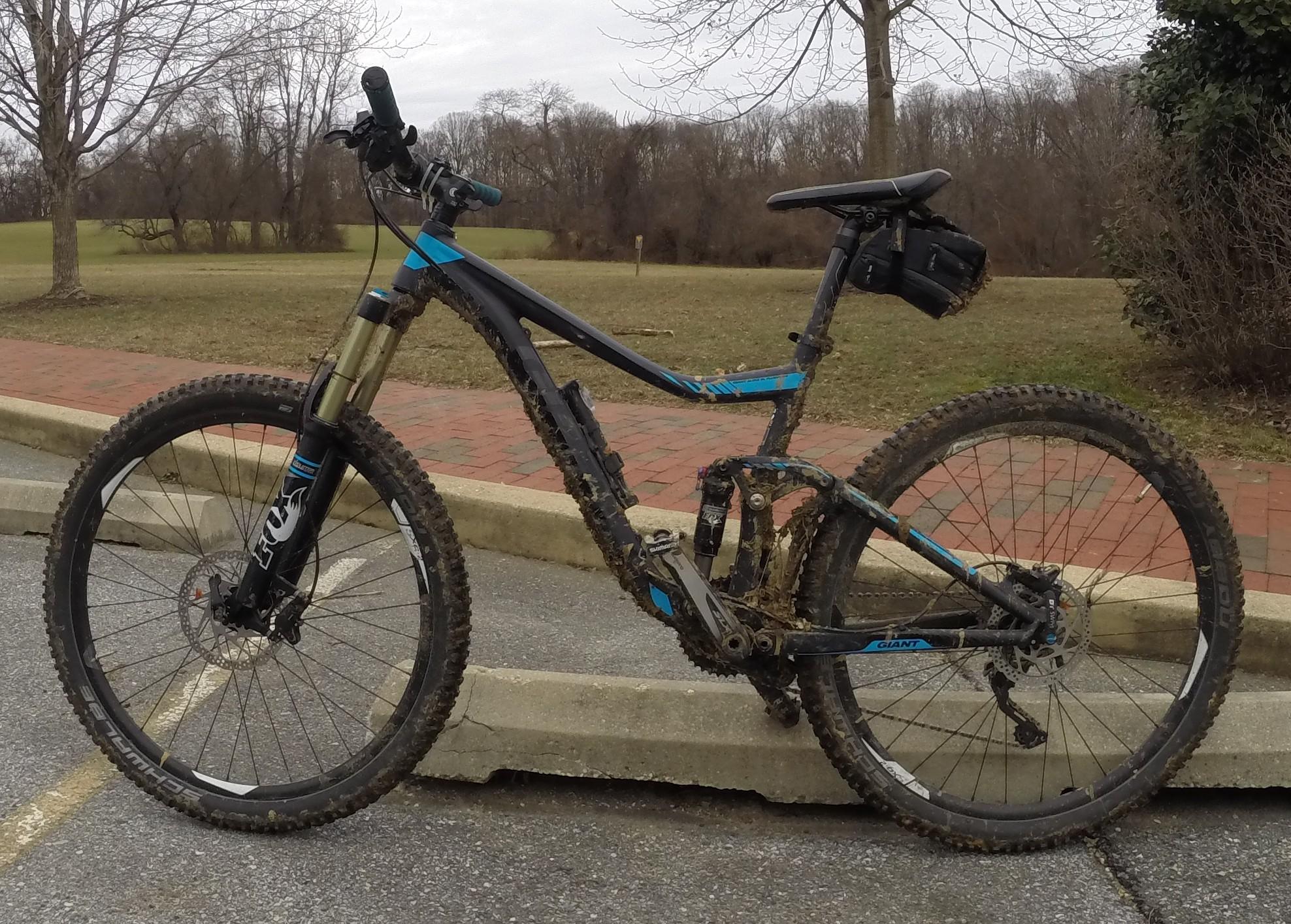 A muddy mountain bike leaning against a curb, featuring a black and blue frame, thick tires, and front suspension. The background shows a grassy area with bare trees and a paved path. White Clay Creek mountain bike trail.