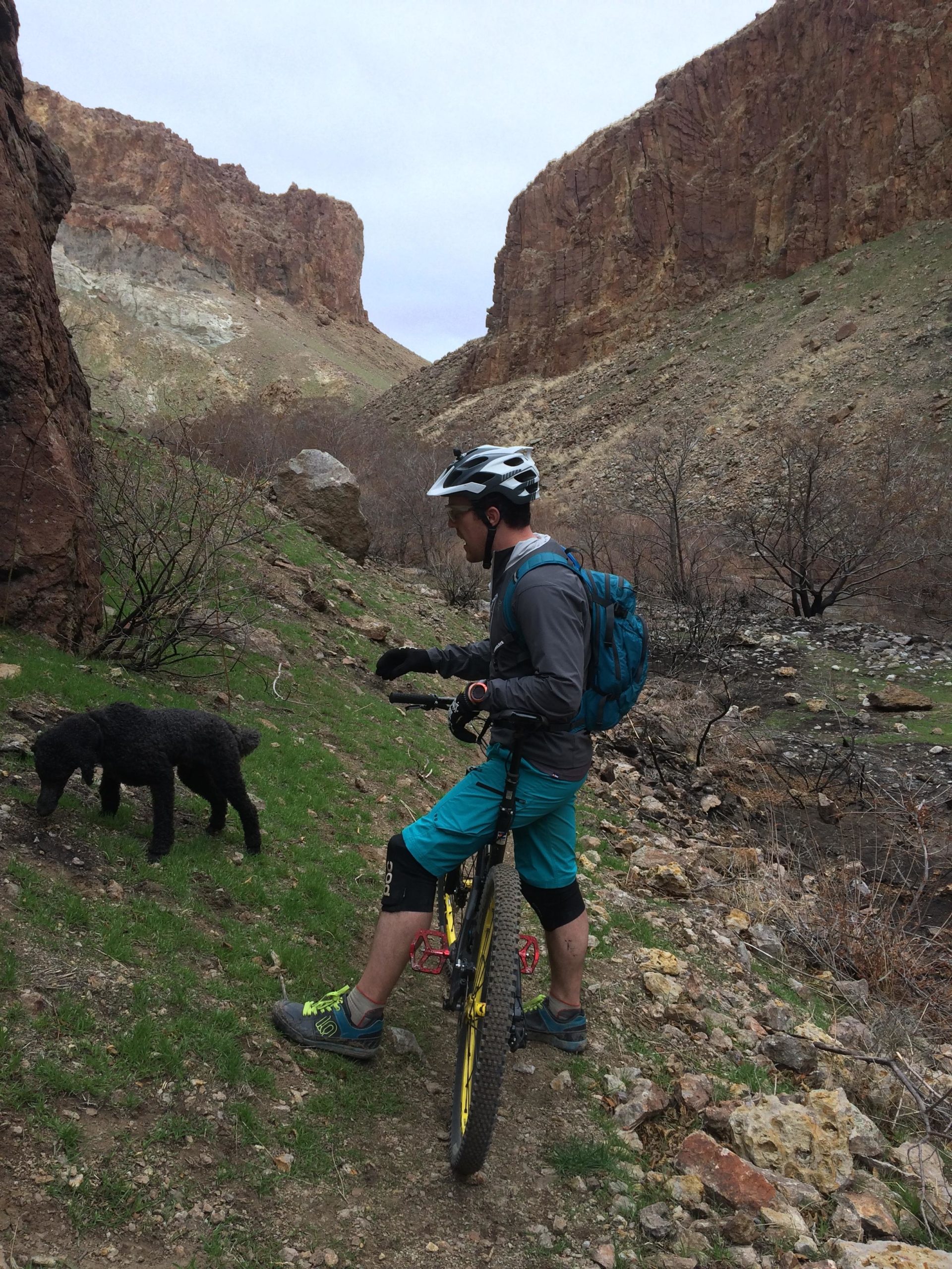A mountain biker in a helmet and athletic gear is standing beside a bicycle on a rocky path in a canyon. A black dog is sniffing the ground nearby. The landscape features steep, rugged cliffs and sparse vegetation under a cloudy sky. Wilson Creek Area mountain bike trail.