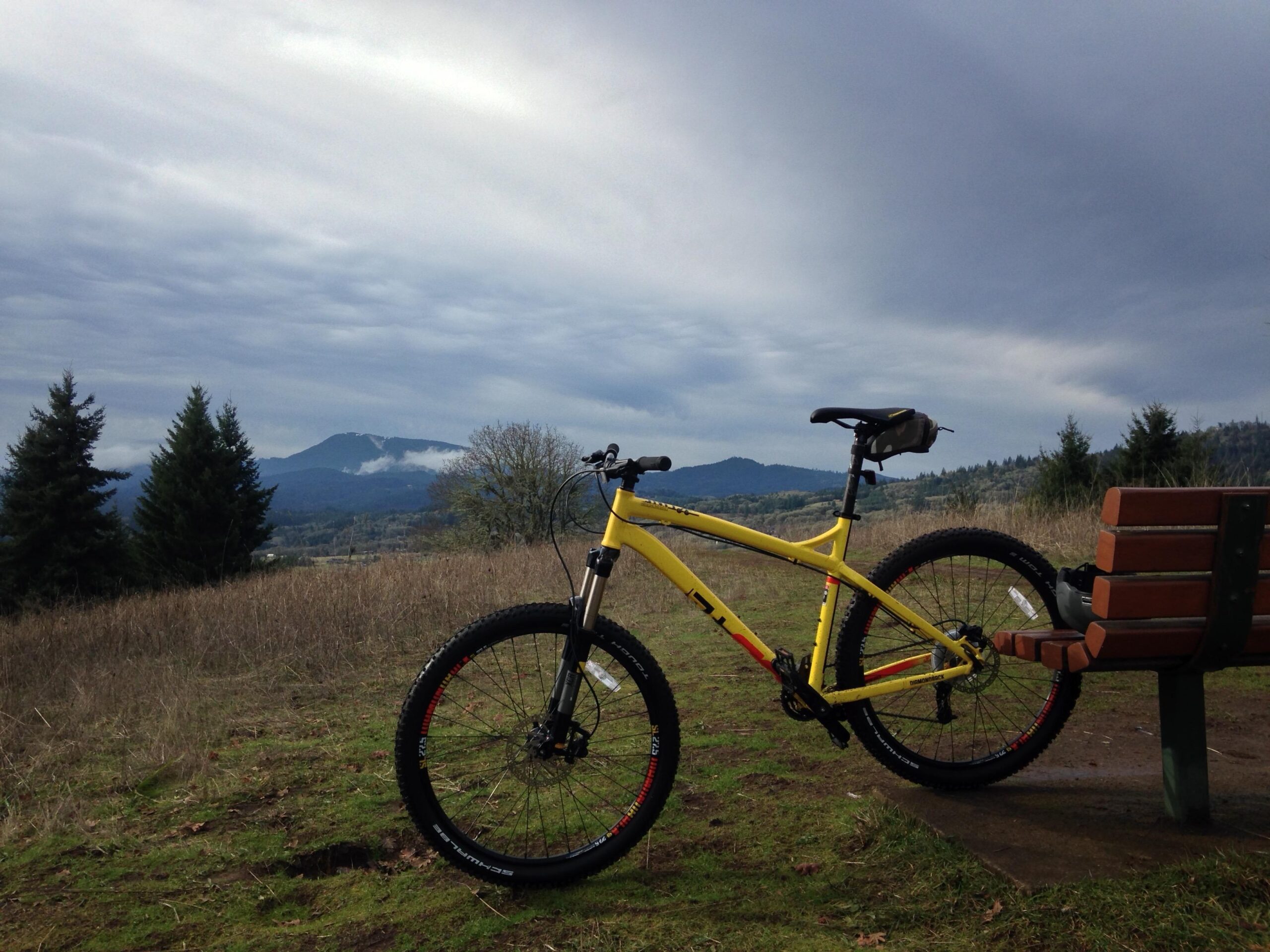 Diamondback Line: A yellow mountain bike is parked next to a wooden bench on a grassy hillside. In the background, lush green trees and rolling hills are visible under a cloudy sky, creating a scenic outdoor landscape.