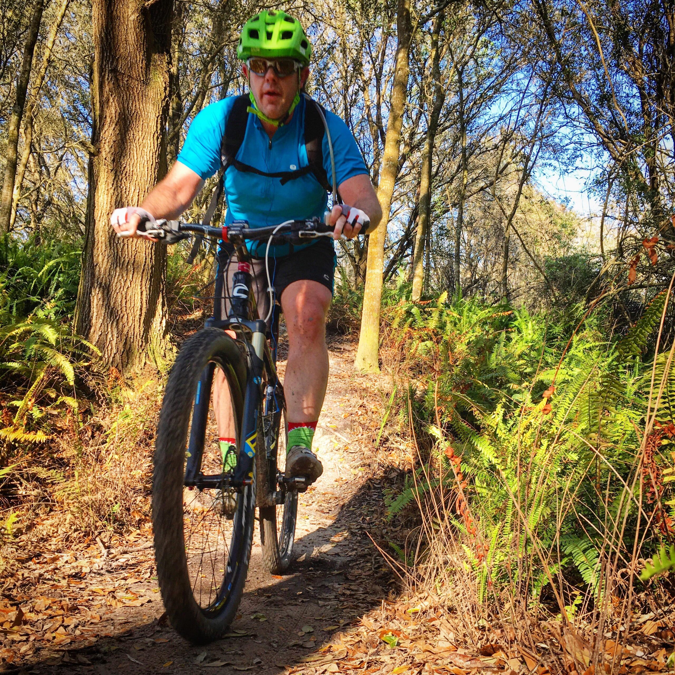 A person riding a mountain bike along a narrow trail in a wooded area, surrounded by trees and ferns. The cyclist is wearing a bright green helmet, sunglasses, a blue shirt, and has a hydration pack. The scene is sunny, highlighting the natural surroundings. Balm Boyette Scrub Preserve mountain bike trail.