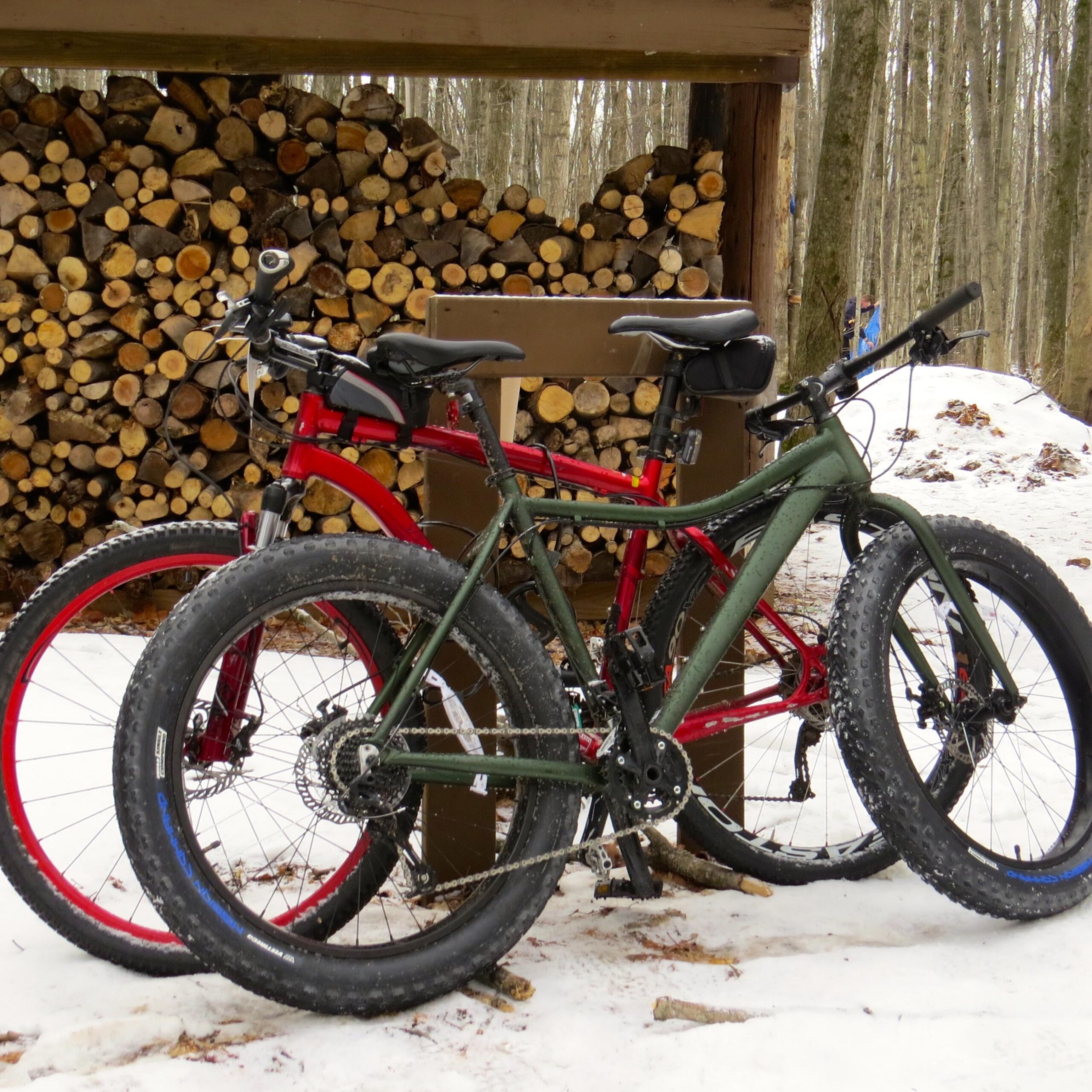Specialized Rockhopper 29: Two bicycles are parked against a wooden structure, with a stacked pile of logs in the background. The bicycles are one red and one green, both featuring wide tires suited for snow. The ground is covered in snow, indicating a winter setting.