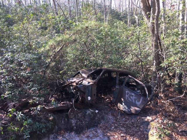 A rusty, abandoned car partially concealed by dense foliage and trees in a forested area. The vehicle shows signs of deterioration and vandalism, with graffiti visible on its side. Surrounding vegetation includes shrubs and fallen leaves, emphasizing its long-standing neglect in the natural environment. Allaire State Park mountain bike trail.