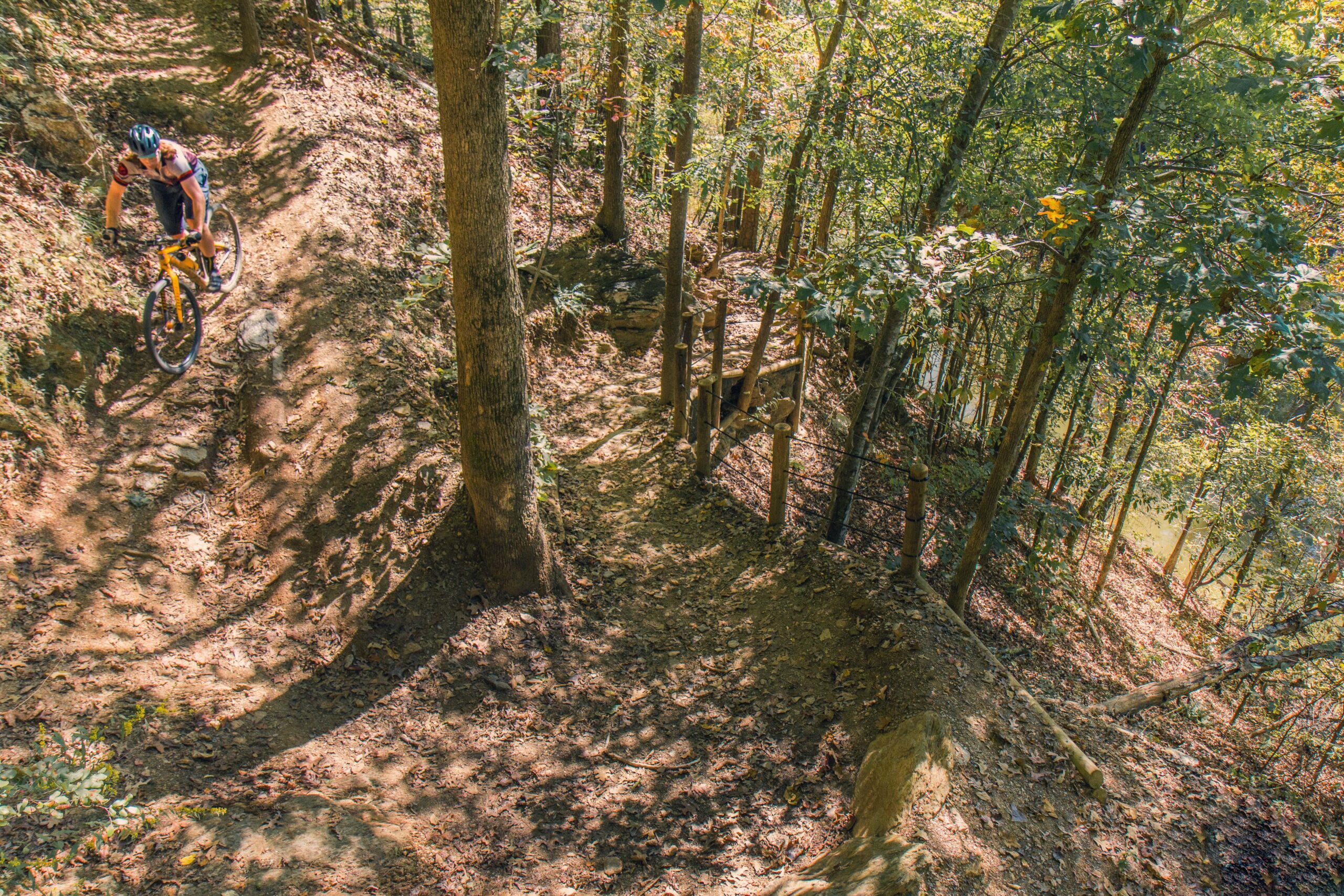 A mountain biker navigates a winding dirt trail surrounded by trees and autumn foliage. The sun filters through the leaves, casting dappled shadows on the path, showcasing the natural beauty of the trail amid a forested setting. Van Michael Trail mountain bike trail.