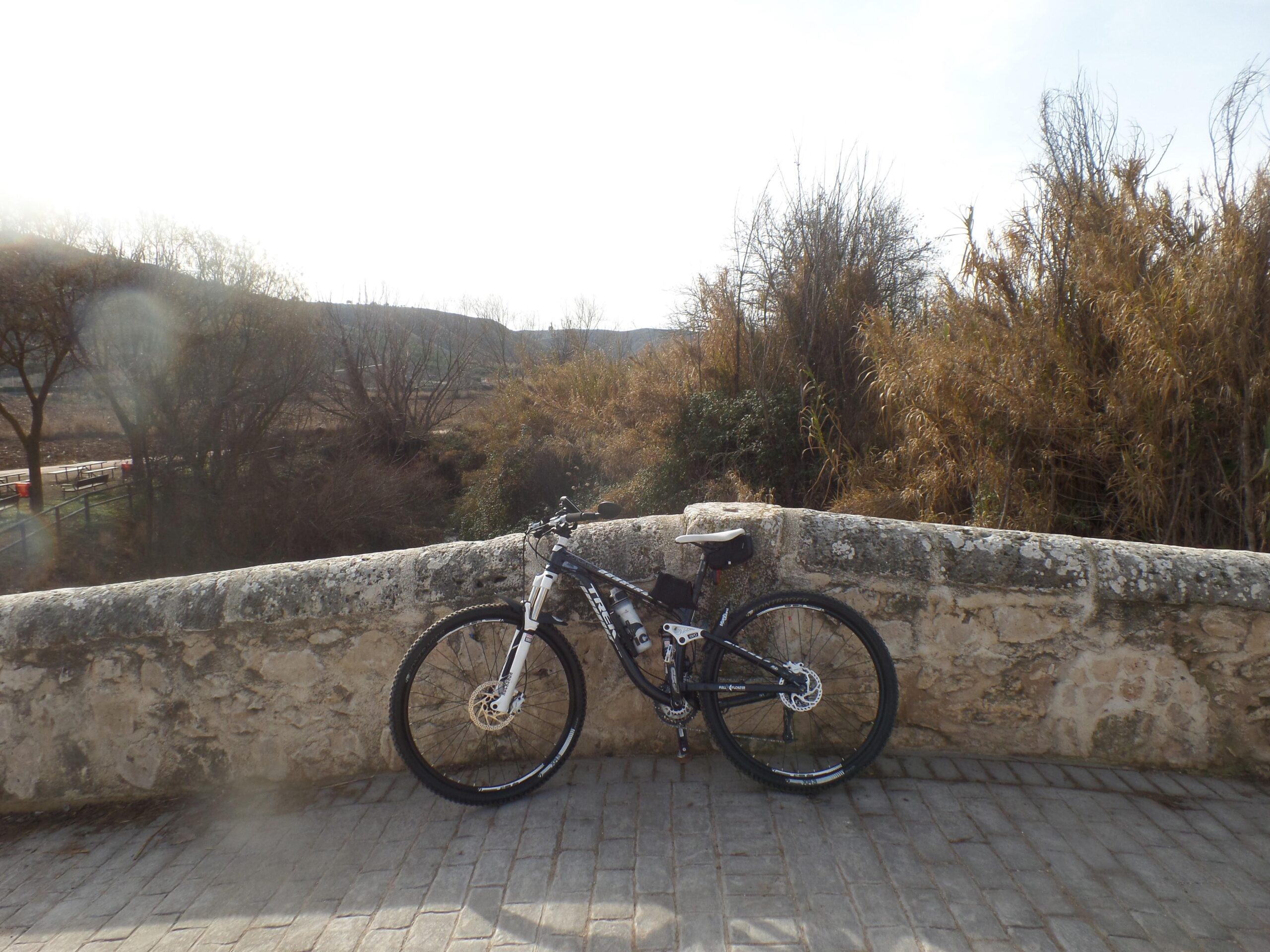 Trek Fuel EX 5 29: A mountain bike is leaning against a stone bridge railing, with a scenic natural landscape in the background featuring trees and shrubs. The sky is bright, suggesting a clear day. The path is made of cobblestones, creating a rustic atmosphere.