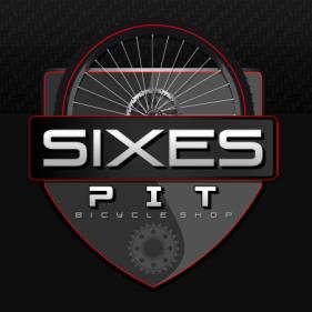 Logo for Sixes Pit Bicycle Shop, featuring a stylized shield design with a bicycle wheel and gear elements, and the text "SIXES PIT" prominently displayed.