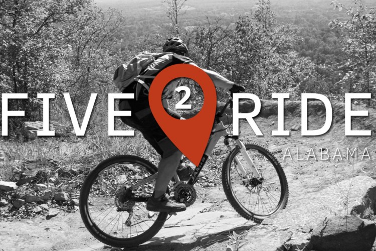 A black and white image of a mountain biker navigating a rocky trail with trees in the background. The text overlay reads "FIVE 2 RIDE" with a location pin icon and "ALABAMA" below.