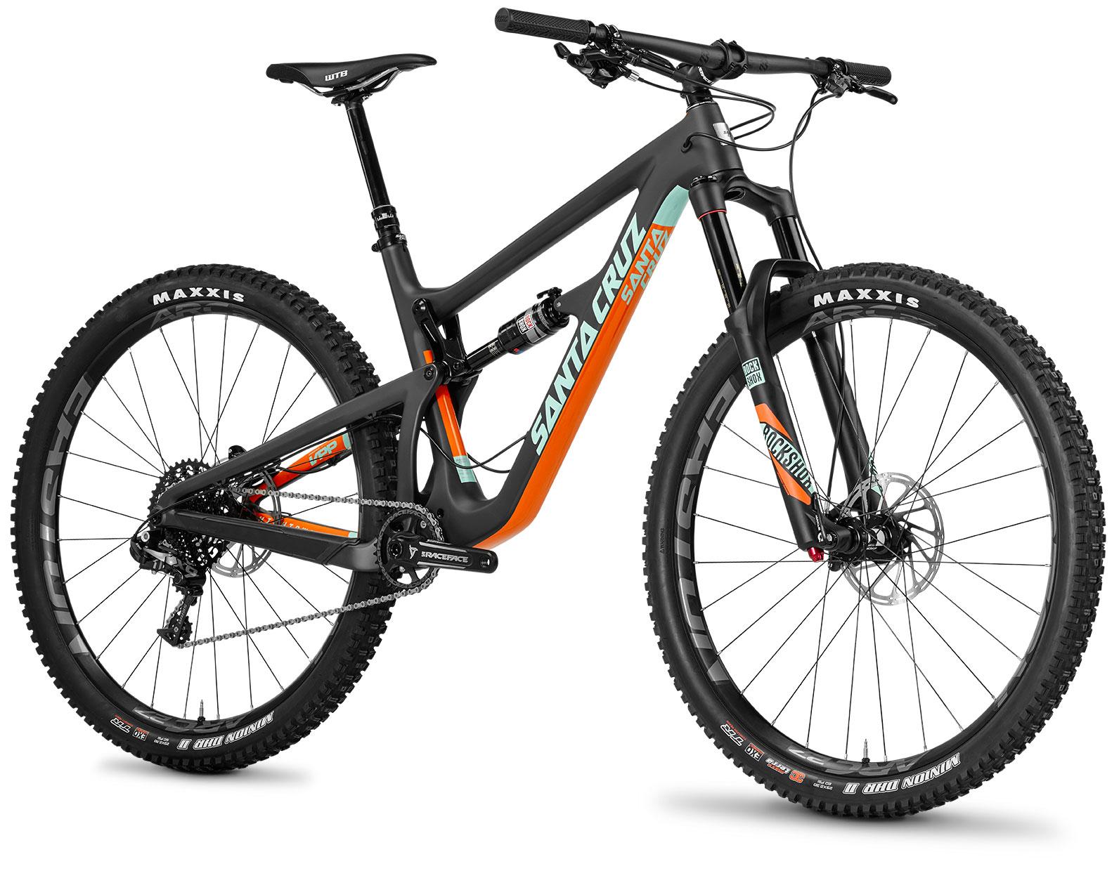 Santa Cruz Hightower 29er/27.5: A high-performance Santa Cruz mountain bike featuring a sleek black frame with vibrant orange and teal accents. It has wide, knobby Maxxis tires for traction, a dropper seat post for adjustable height, and a robust design suitable for off-road riding. The bike showcases modern components, including a Shimano drivetrain and a sturdy suspension fork.