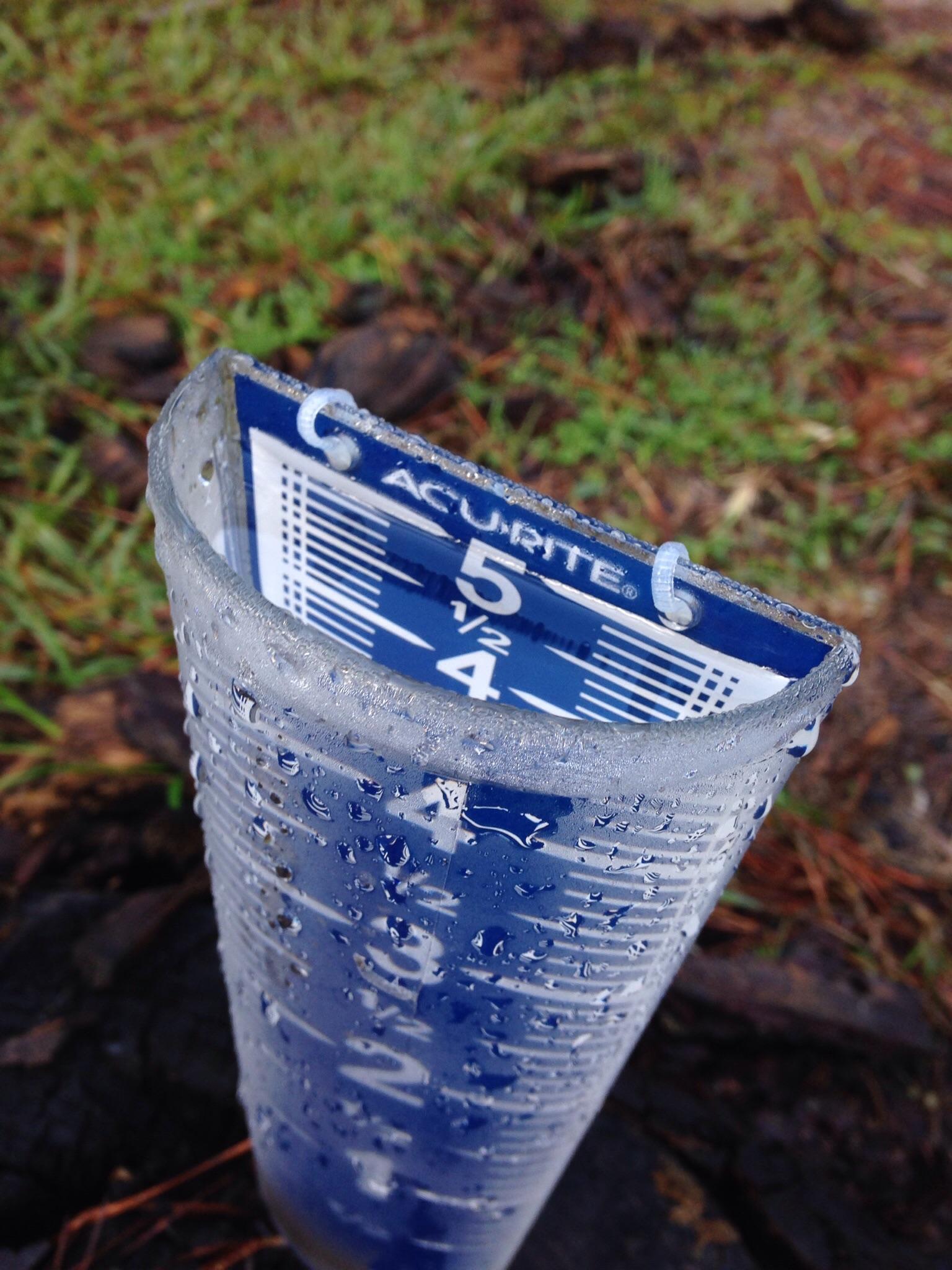 Close-up of a clear rain gauge, partially filled with water and displaying markings up to 5 inches, resting on a damp surface surrounded by grass. The gauge is adorned with droplets of water, indicating recent rainfall. Mt. Zion Bike Trails mountain bike trail.