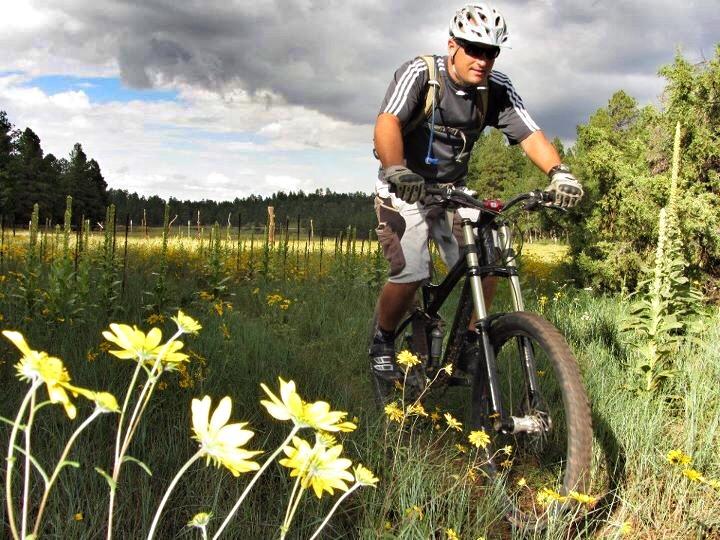 A mountain biker riding on a trail surrounded by wildflowers and greenery under a partly cloudy sky. Trees are visible in the background, adding to the natural landscape.