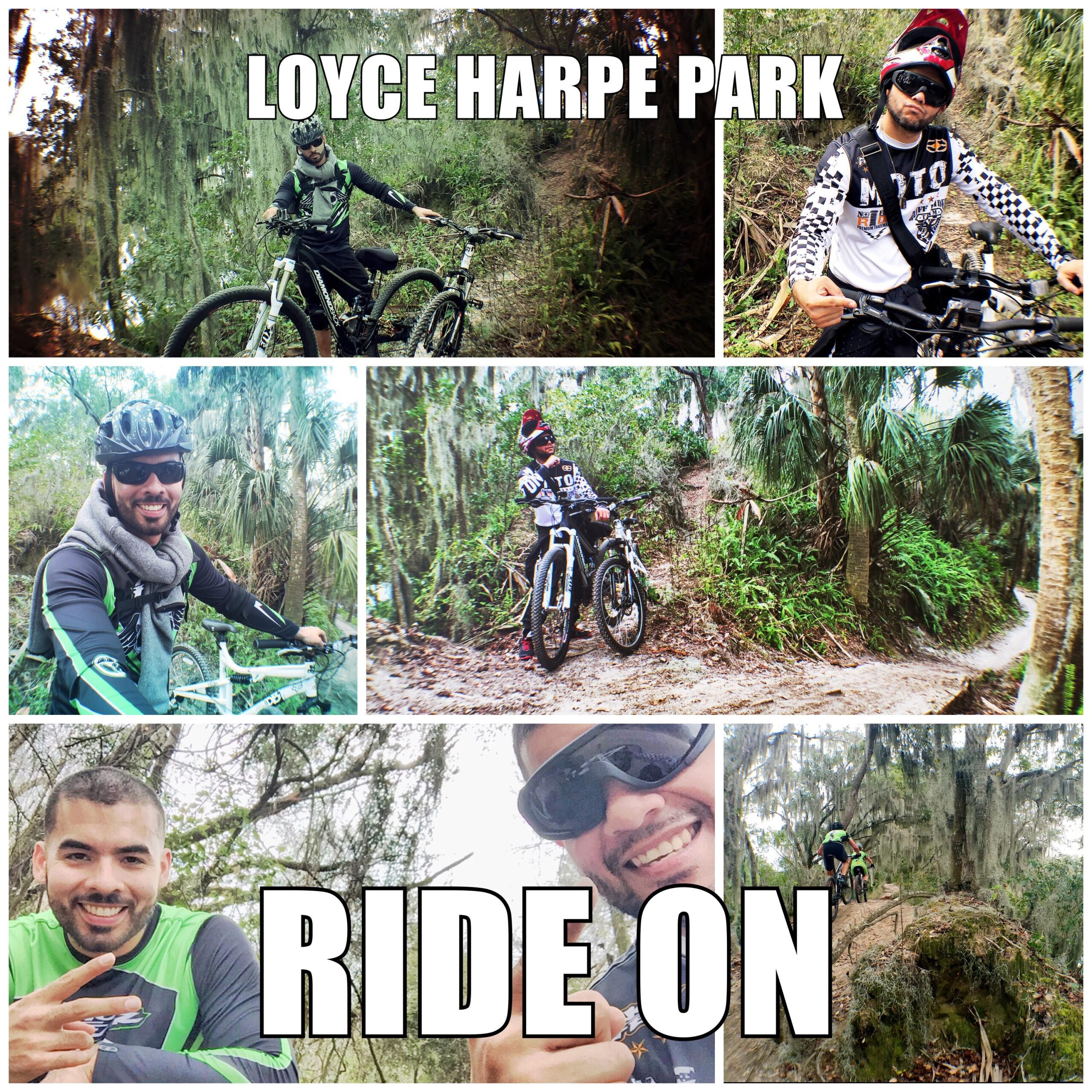 A collage of mountain biking images at Loyce Harpe Park. The upper images feature a rider navigating a wooded trail, showcasing the natural landscape. The lower images show two smiling riders posing with their bikes, wearing biking gear, and enjoying the outdoors. Text overlays read "LOYCE HARPE PARK" and "RIDE ON." Loyce E. Harpe Park mountain bike trail.