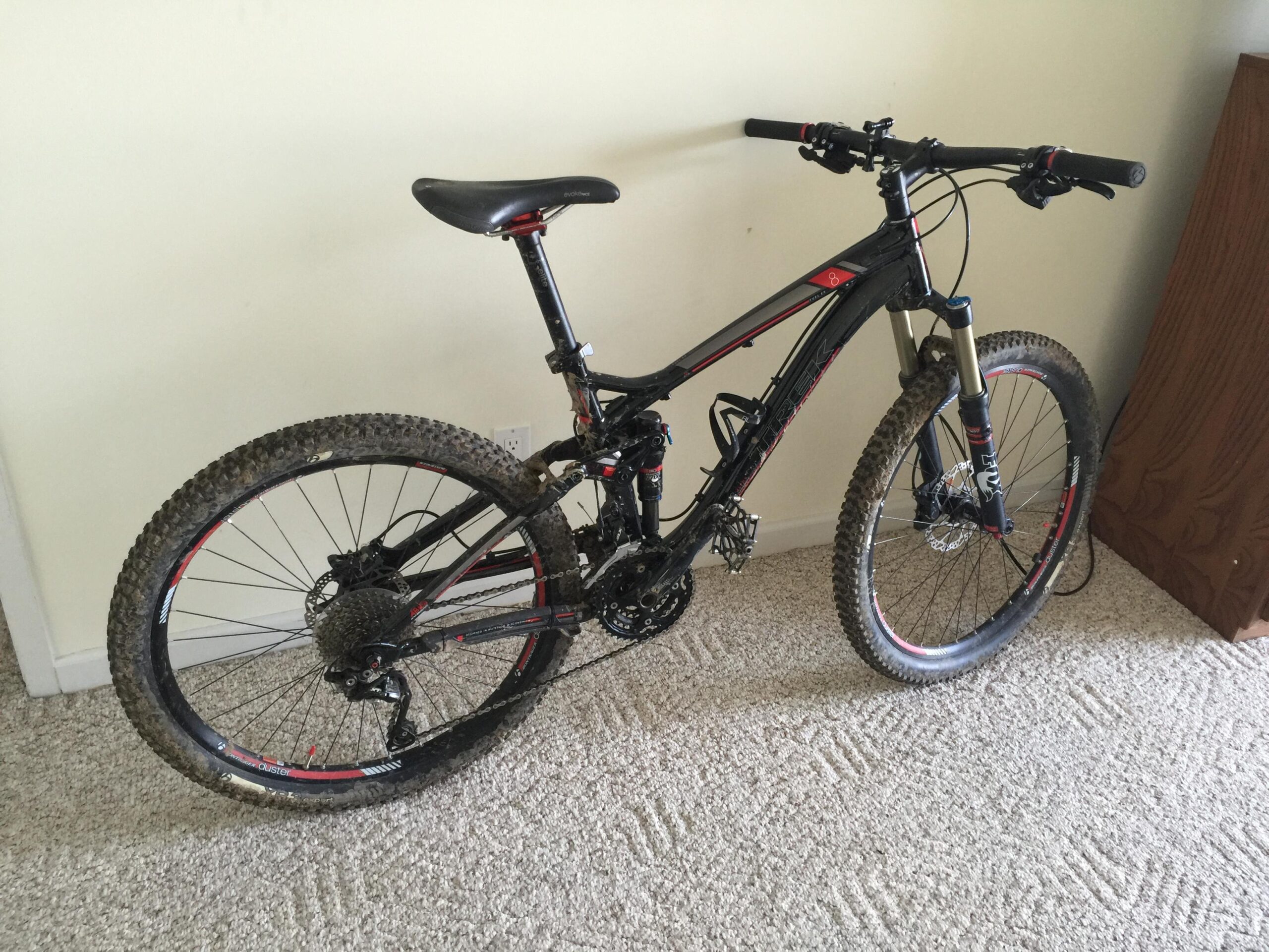 Trek EX 8: A black mountain bike with red accents, resting on a carpeted floor. The bike features knobby tires with dirt on them, indicating recent use. The handlebars are equipped with grips and brake levers, and the seat is raised. In the background, there is a wooden cabinet against a light-colored wall.