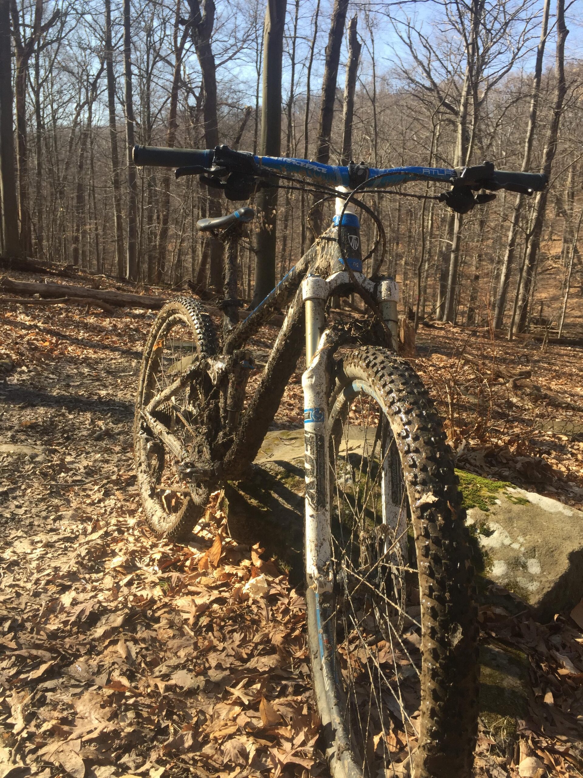 A mountain bike covered in mud and dirt, resting on a rock in a forested area during autumn. The background features bare trees and fallen leaves on the ground under clear blue skies. North Park mountain bike trail.
