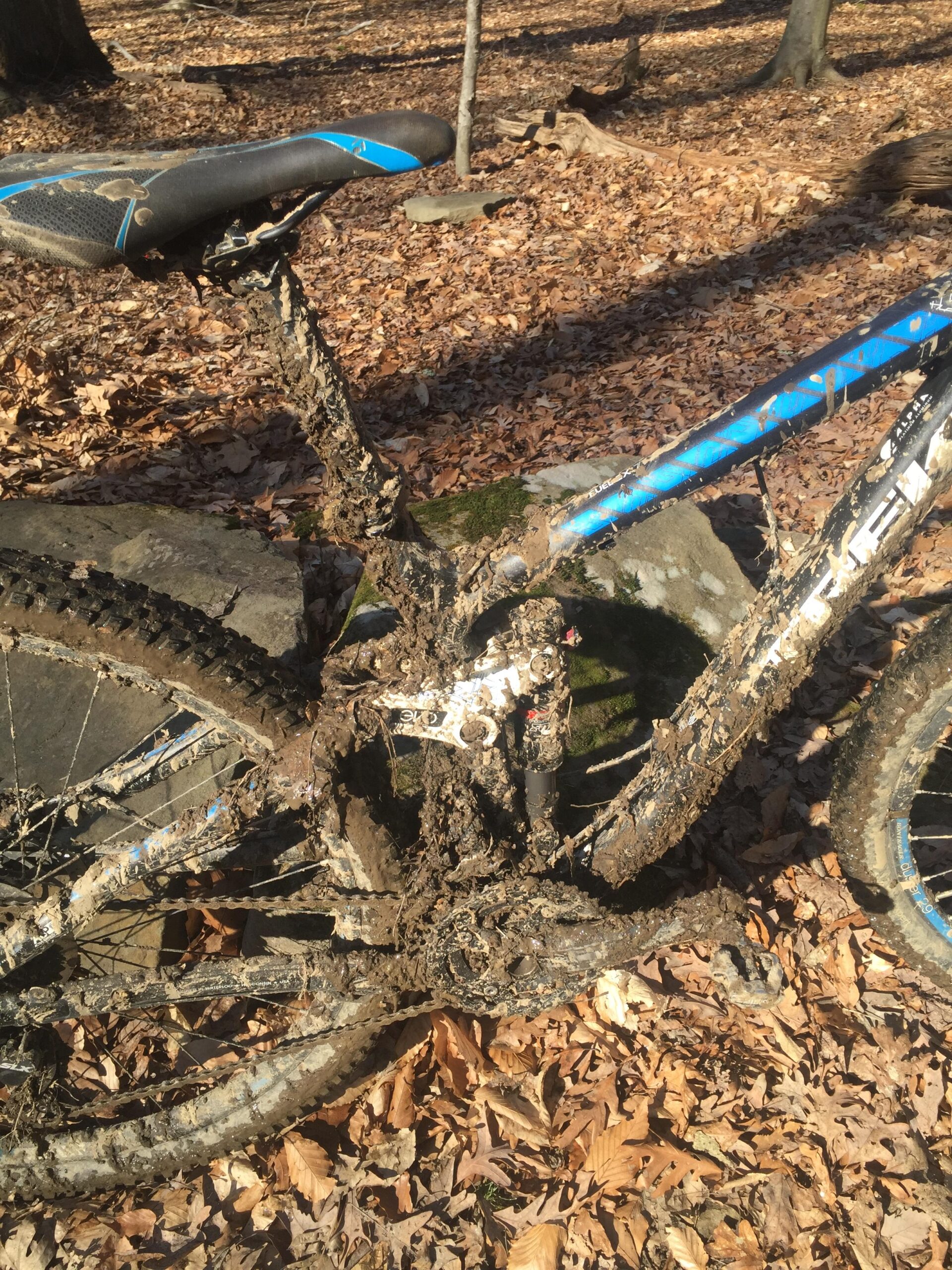 A close-up of a mountain bike covered in mud, resting on a bed of dried leaves in a wooded area. The bike features a black and blue saddle, and its frame and components are heavily soiled, indicating recent use in a muddy trail. Sunlight filters through the trees in the background. North Park mountain bike trail.