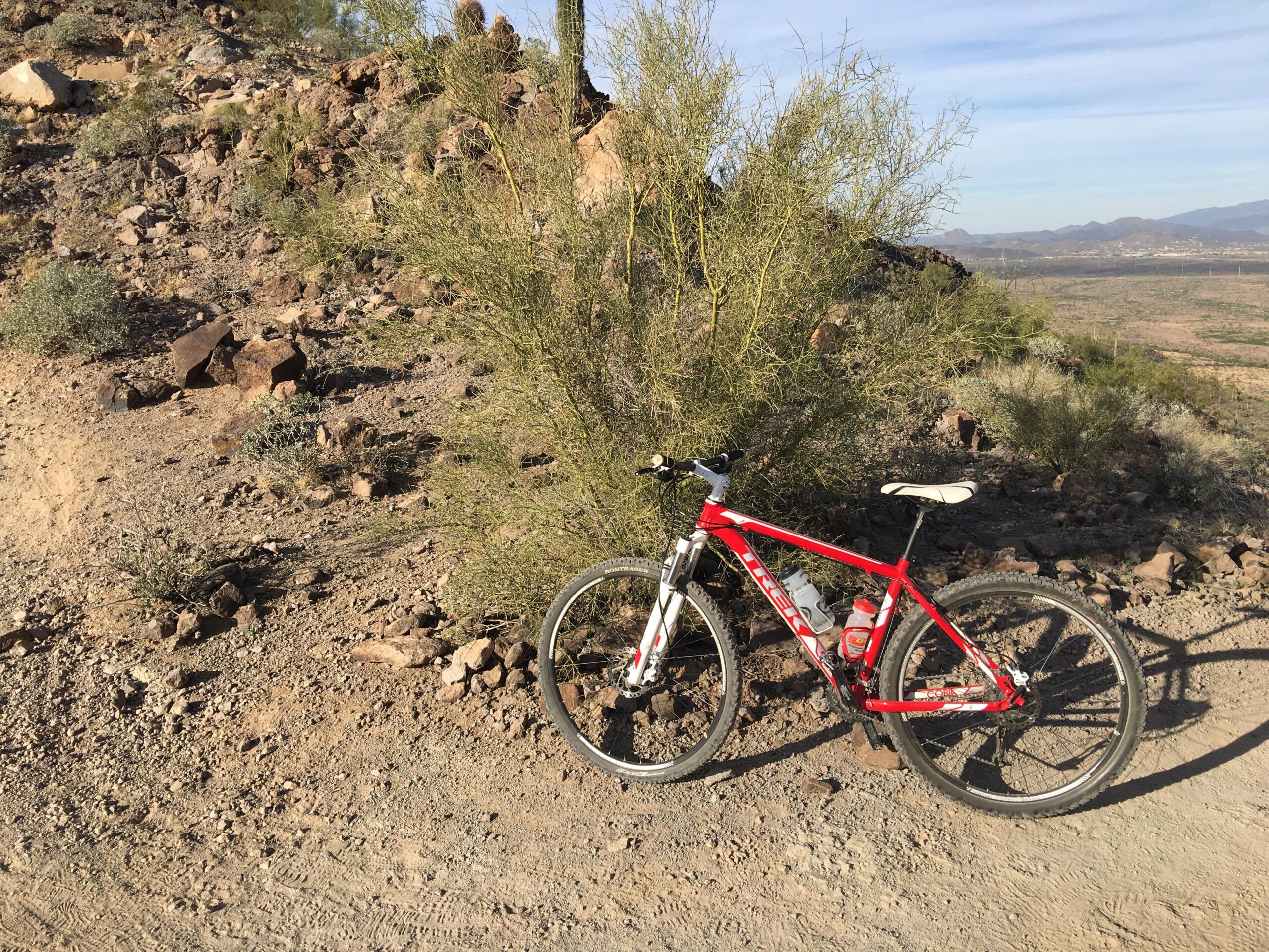 Trek Cobia: A red mountain bike rests on a rocky dirt trail, surrounded by sparse desert vegetation and rugged terrain. In the background, hills and mountains stretch into the distance under a clear blue sky.