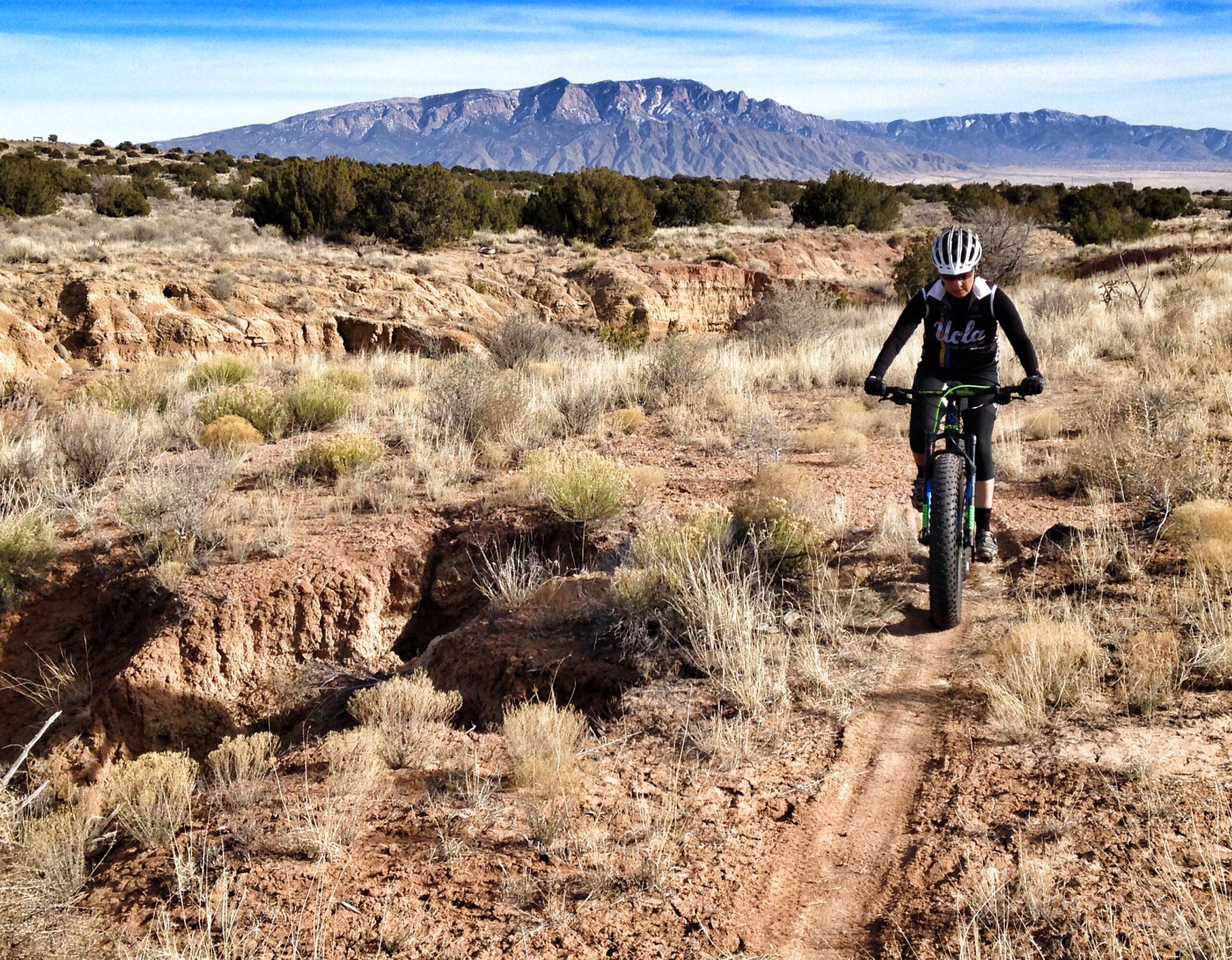 A cyclist navigating a dirt trail surrounded by rugged terrain and sparse vegetation, with mountains in the background under a clear blue sky. Parkway Fatbike trail mountain bike trail.