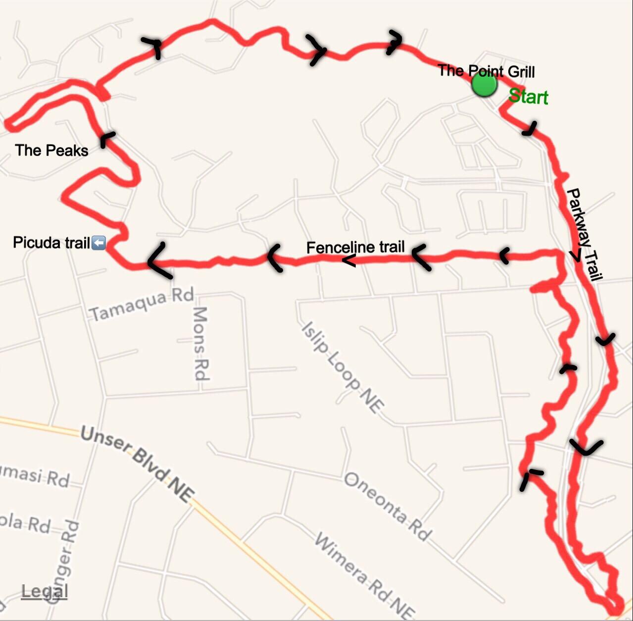 Map showing a trail route in a residential area, marked in red. Key features include "The Point Grill" at the starting point, with markers for the "Parkway Trail," "Fenceline Trail," "Picuda Trail," and "The Peaks." Directional arrows indicate the flow of the route. Parkway Fatbike trail mountain bike trail.