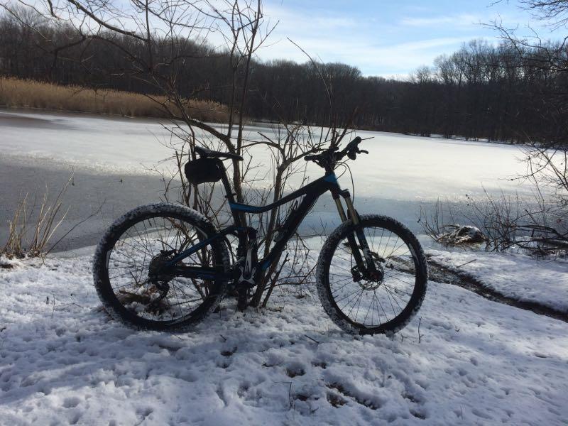 A mountain bike resting against a small tree by a frozen lake, surrounded by snow-covered ground and sparse vegetation. In the background, there are patches of ice on the water and trees lining the shore under a clear blue sky. Wolfes Pond park mountain bike trail.