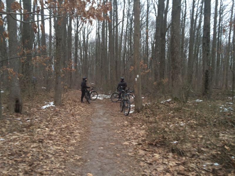Two mountain bikers resting on a dirt path in a wooded area during late autumn. The ground is covered with fallen leaves, and patches of snow are visible. Tall trees with sparse foliage surround them. Richmond Avenue and Forest Hill road mountain bike trail.