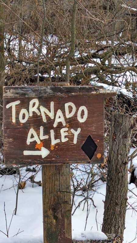 A weathered wooden sign reading "Tornado Alley," pointing to the left with an arrow, surrounded by bare trees and snow on the ground. Brighton Rec Area mountain bike trail.