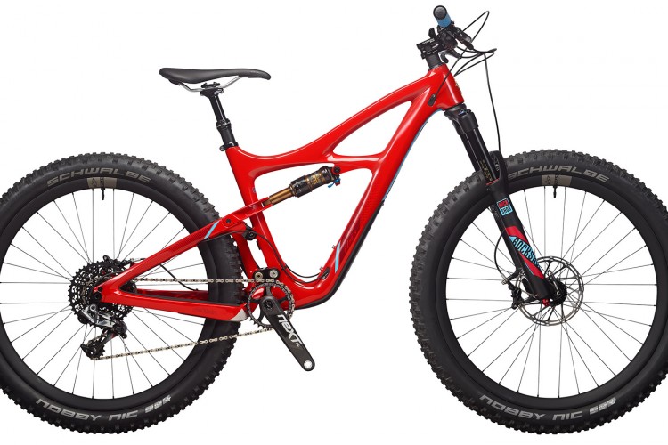 A bright red mountain bike with large, wide tires. The frame features a sleek and modern design, with visible suspension components and a prominent shock absorber. The handlebars are equipped with grips and a throttle, emphasizing its off-road capabilities. The tires are labeled with the brand "Schwalbe," and the bike is positioned against a neutral background, showcasing its details.