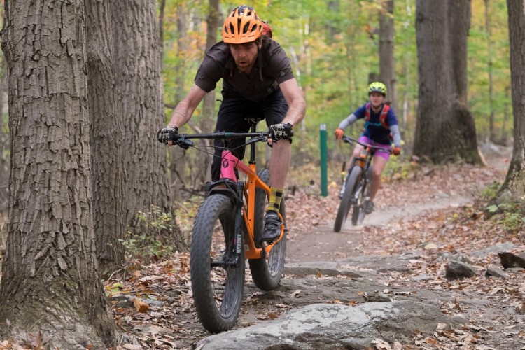 A man in an orange bicycle helmet rides a mountain bike on a rocky trail surrounded by trees, while a woman in a green and black helmet follows behind. The scene captures the essence of an autumn day, with leaves scattered on the ground and greenery in the background.