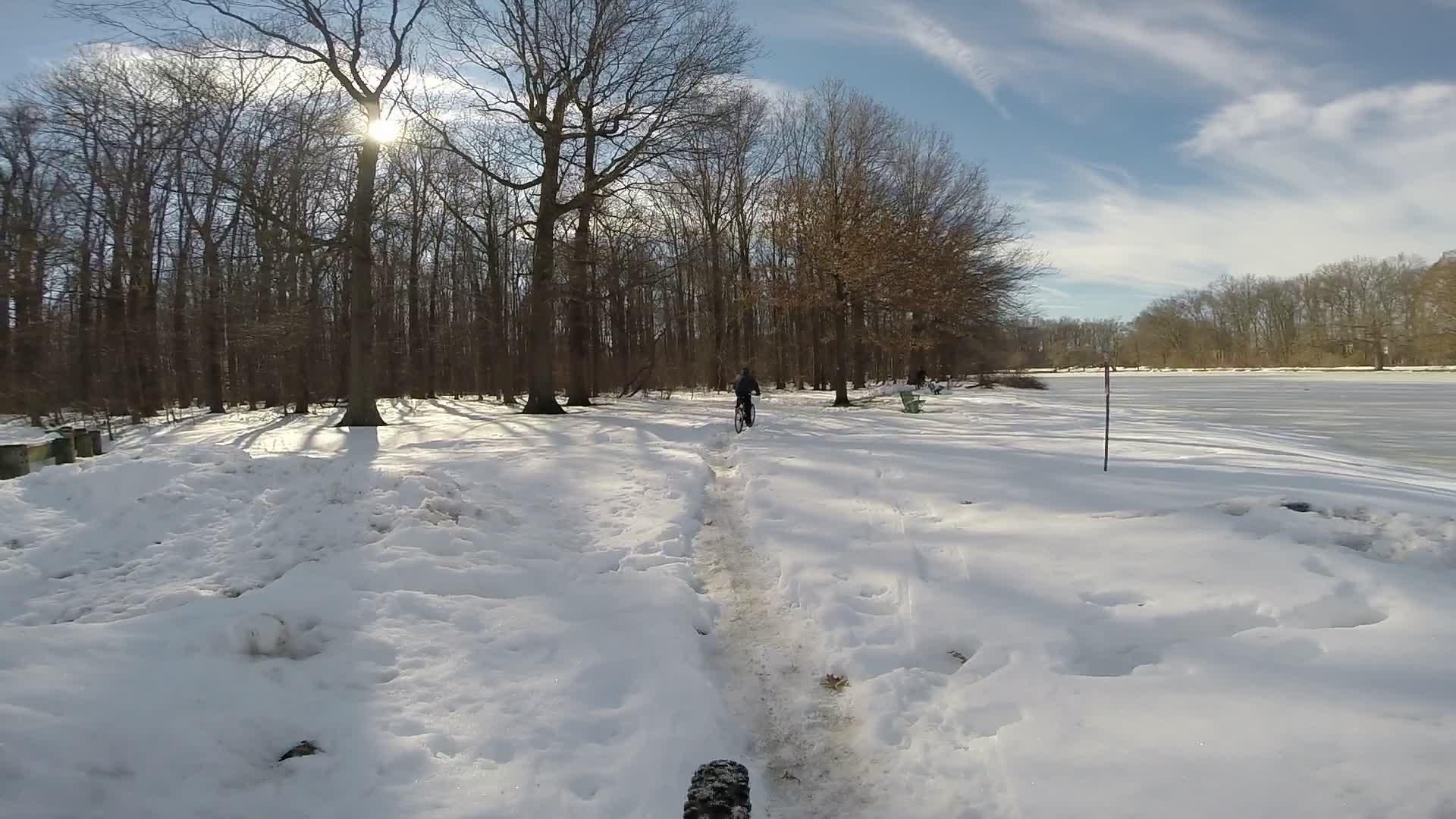 A person riding a bicycle along a snow-covered path in a wooded area, with bare trees and sunlight filtering through the branches. In the background, a frozen lake is visible and casts shadows on the snow. Richmond Avenue and Forest Hill road mountain bike trail.