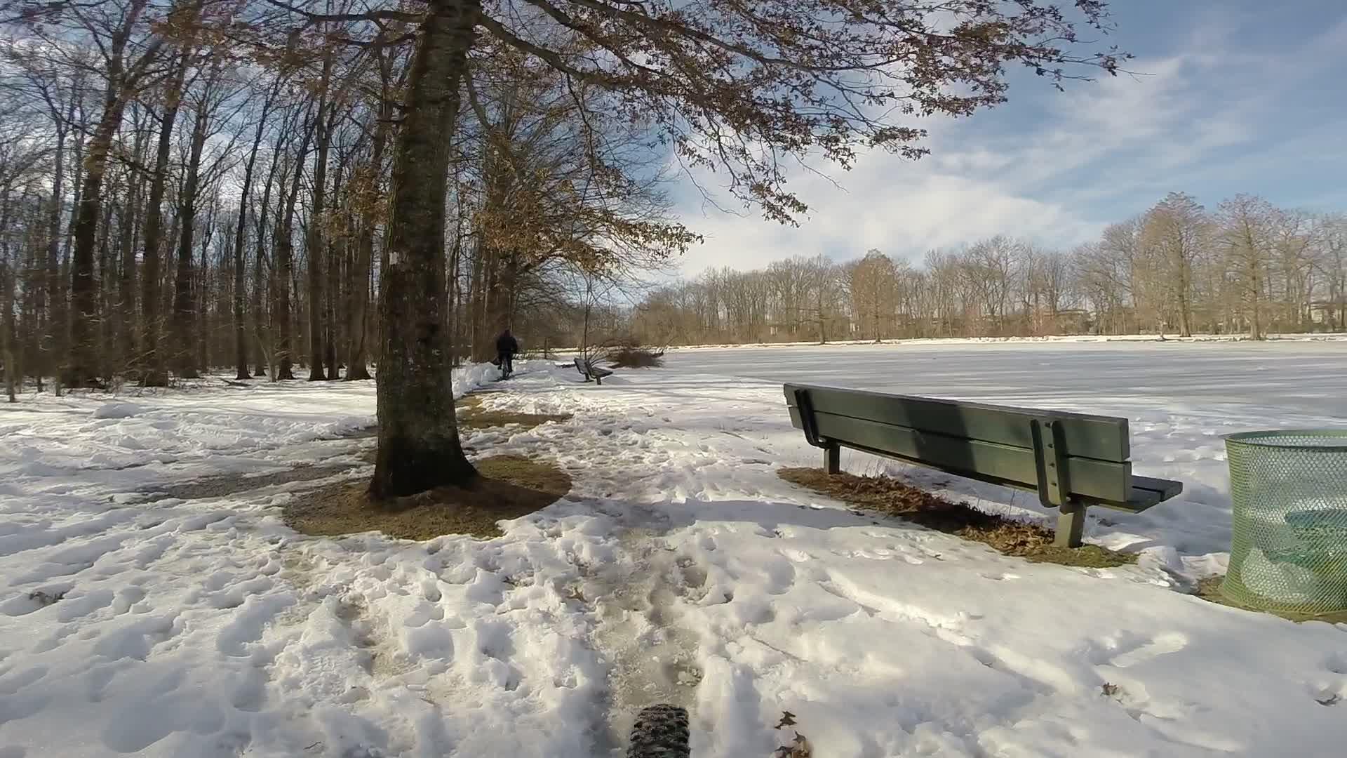 A winter scene featuring a snow-covered path near a frozen lake, lined with bare trees. In the foreground, there is a green bench and a trash bin. A person is walking along the path, while the bright sky adds a serene atmosphere to the snowy landscape. Richmond Avenue and Forest Hill road mountain bike trail.