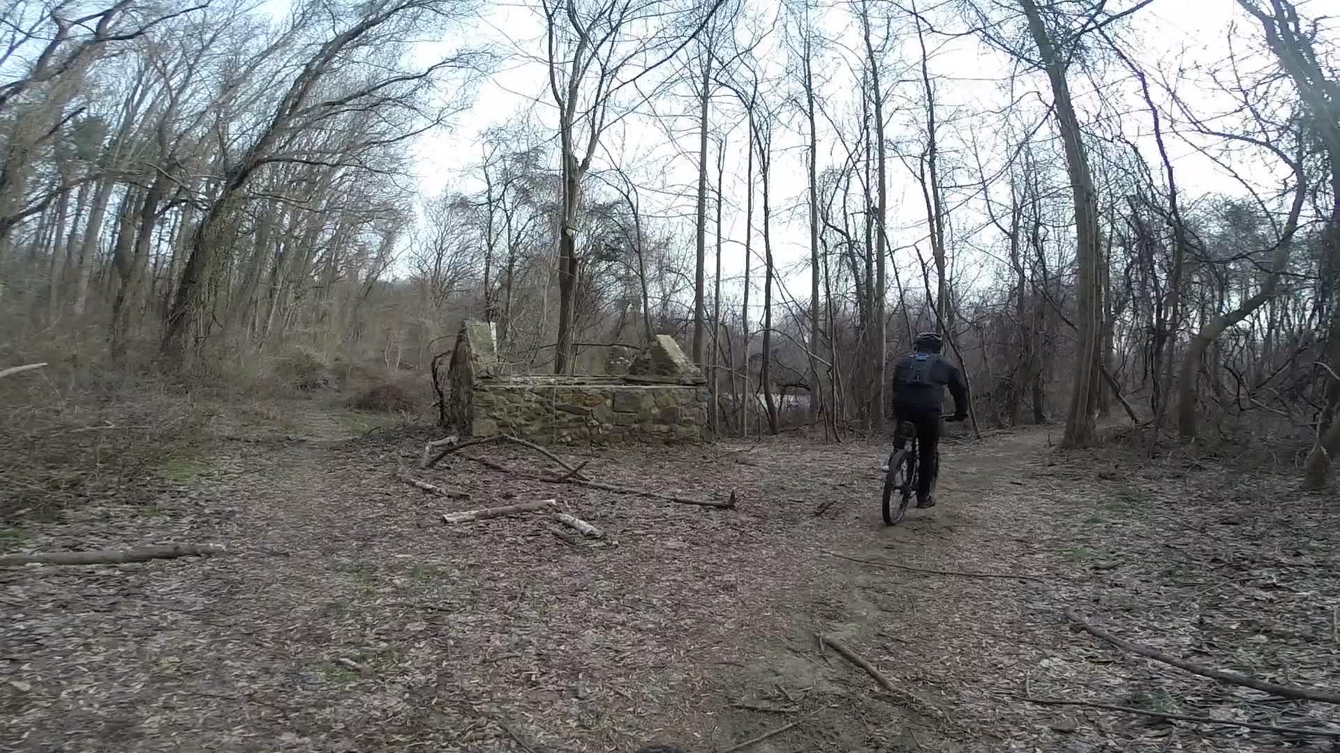 A cyclist riding on a dirt path through a wooded area, passing by the ruins of a stone structure. The scene features bare trees and scattered twigs on the ground, suggesting an early spring or late fall setting. White Clay Creek mountain bike trail.