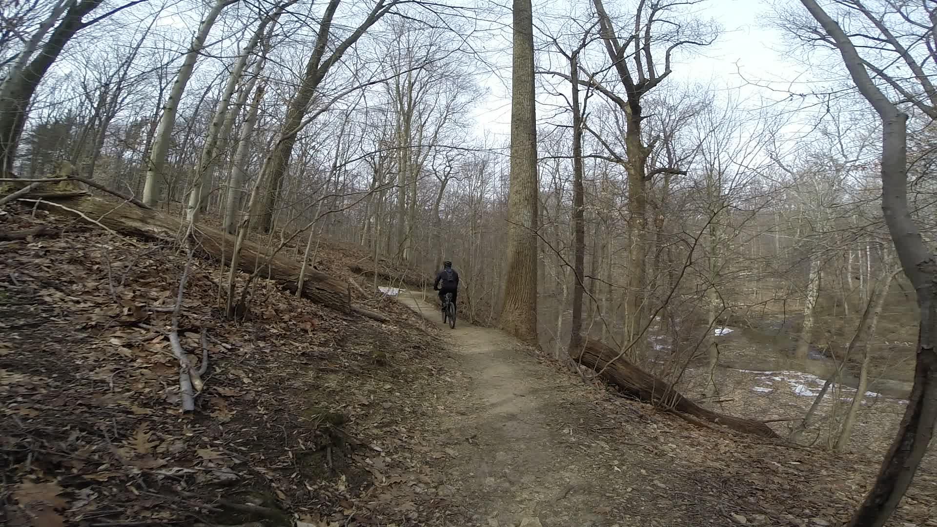 A cyclist riding along a dirt trail, surrounded by bare trees and fallen leaves in a wooded area. The path winds gently between the trees, with patches of snow visible on the ground, indicating early spring. White Clay Creek mountain bike trail.