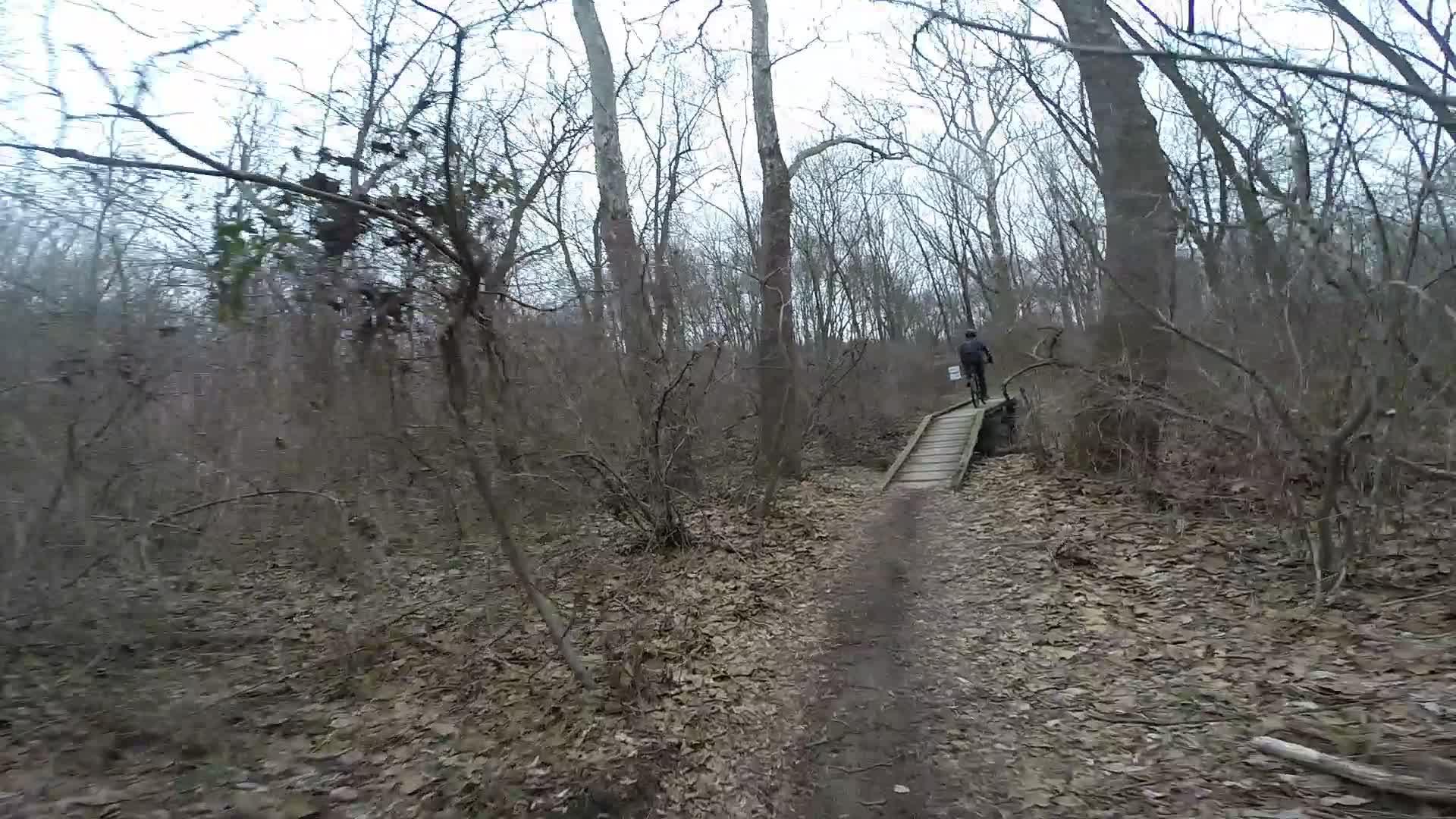 A cyclist riding along a wooded trail, crossing a wooden bridge amidst bare trees and fallen leaves. The environment appears to be in late autumn or early winter, with overcast skies. White Clay Creek mountain bike trail.
