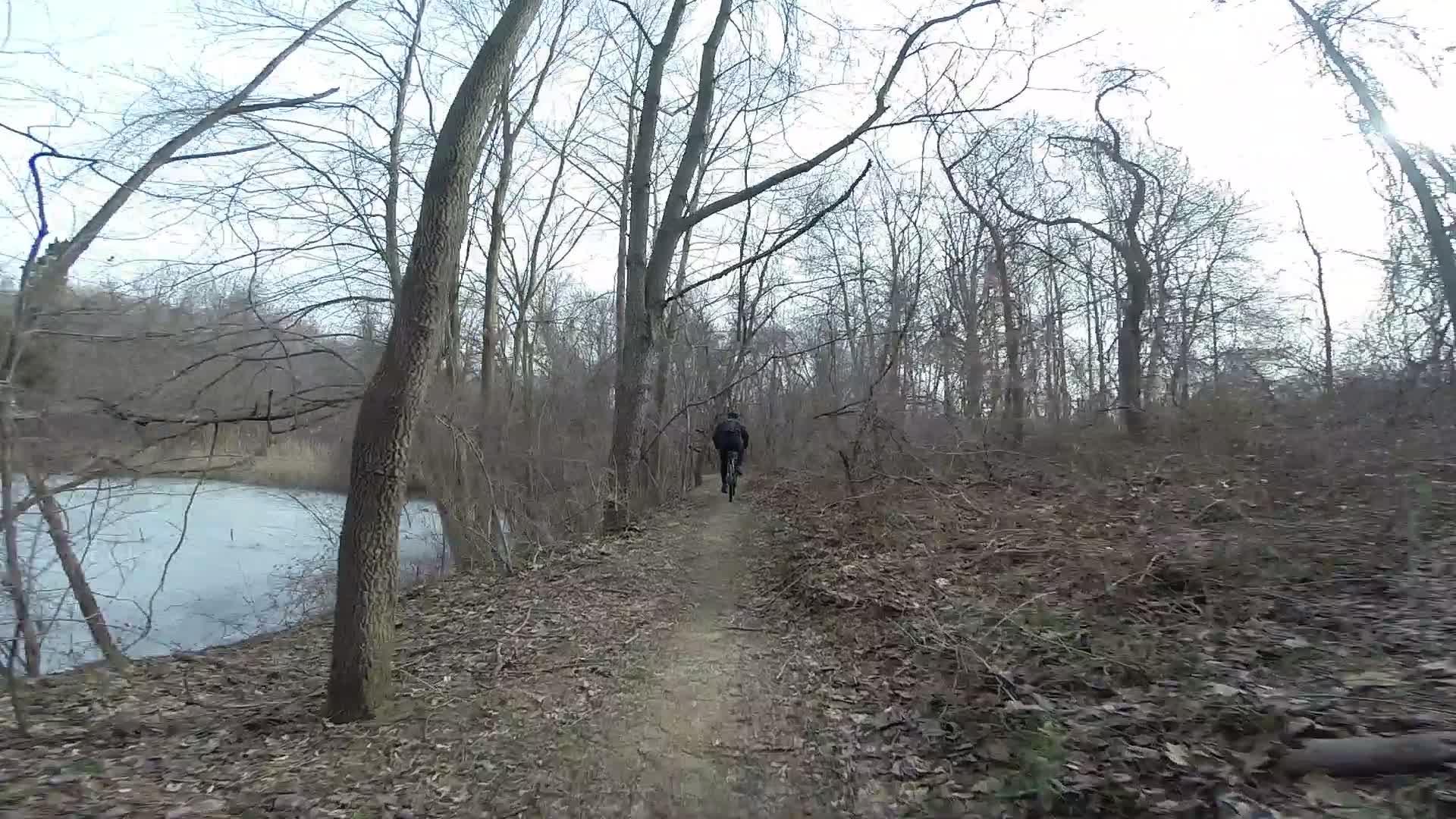 A person walking along a dirt path in a wooded area, surrounded by bare trees and shrubs, with a body of water visible to the left. The scene is set on a cloudy day with a hint of sunlight peeking through the branches. White Clay Creek mountain bike trail.