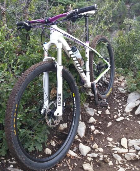 Niner Air 9: A mountain bike with a white frame and purple handlebars is positioned among green foliage and rocky terrain, showcasing its rugged design and off-road capabilities.