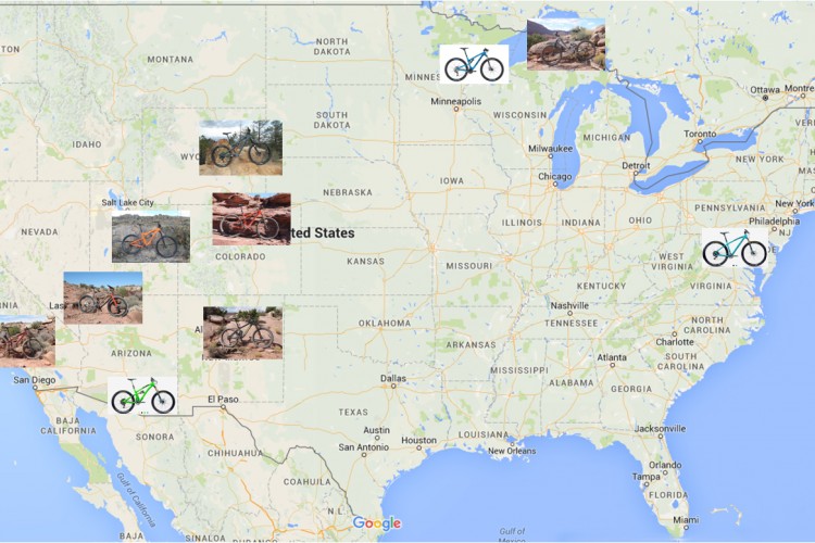 Map of the United States displaying various locations highlighted with images of mountain bikes on distinct terrains.