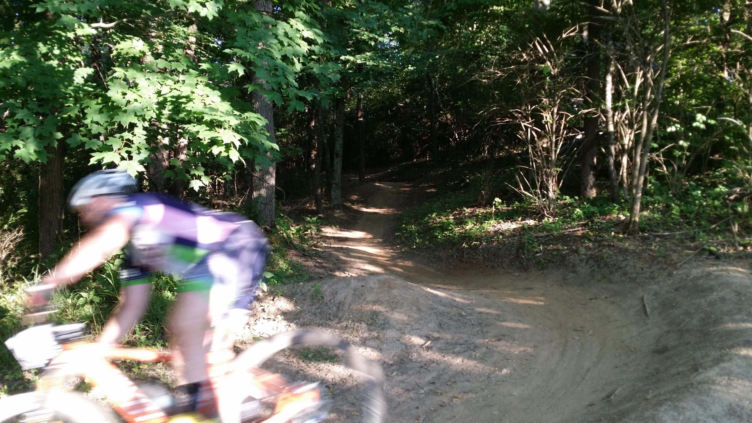 A mountain biker riding along a dirt trail surrounded by lush green trees and underbrush. The terrain is lightly sandy, and the sunlight filters through the leaves, creating a dappled effect on the ground. In the background, the trail winds into a shaded area. England Idlewild Mountain Biking Park mountain bike trail.