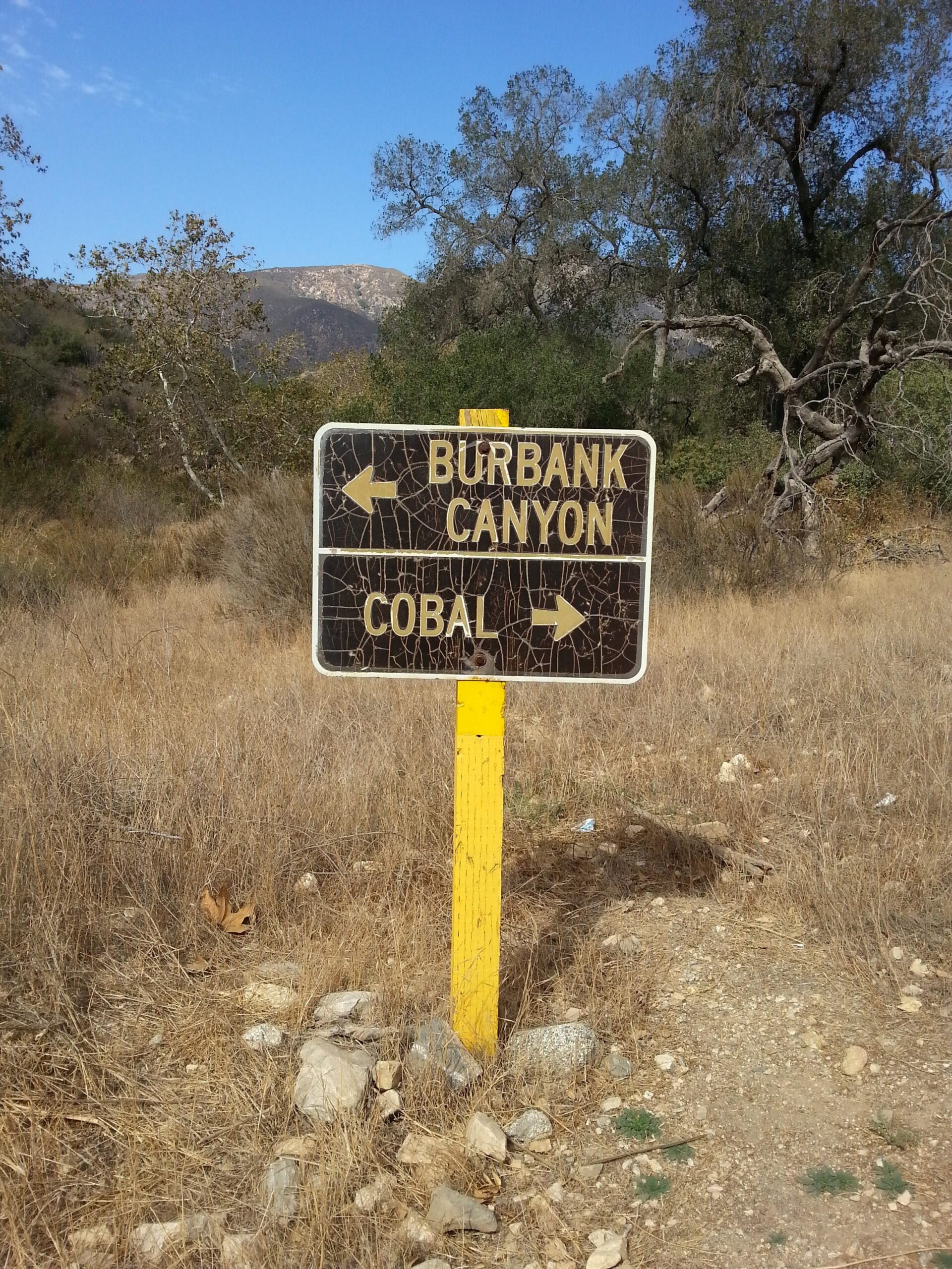 A weathered directional sign indicating two paths: one towards Burbank Canyon and the other towards Cobal, set in a dry, grassy area with scattered rocks and trees in the background under a clear blue sky. Claremont Wilderness mountain bike trail.