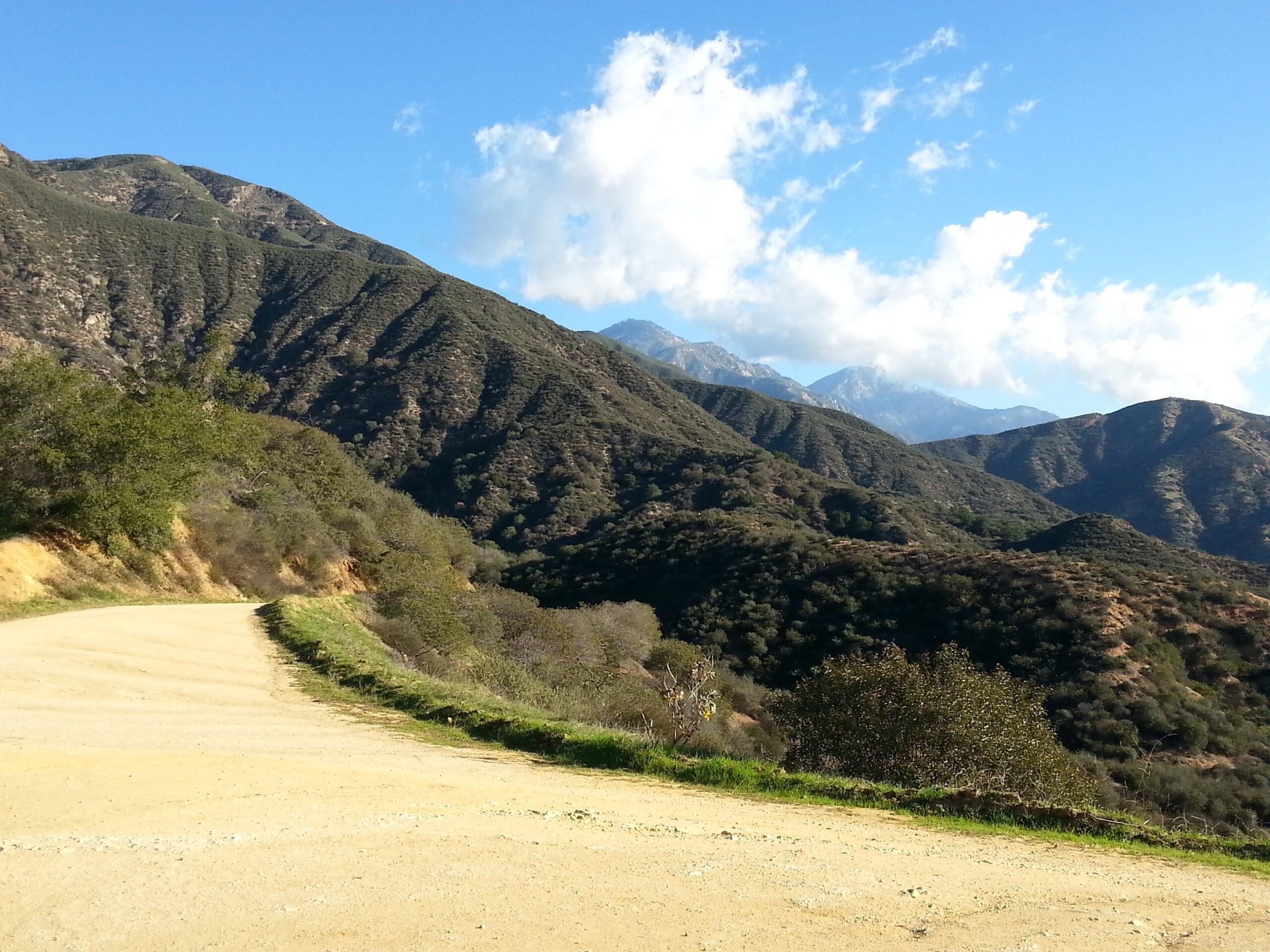 A winding dirt road curves through green hills and mountainous terrain under a blue sky with scattered clouds. The landscape is dotted with shrubs and trees, showcasing the beauty of a natural setting. Claremont Wilderness mountain bike trail.