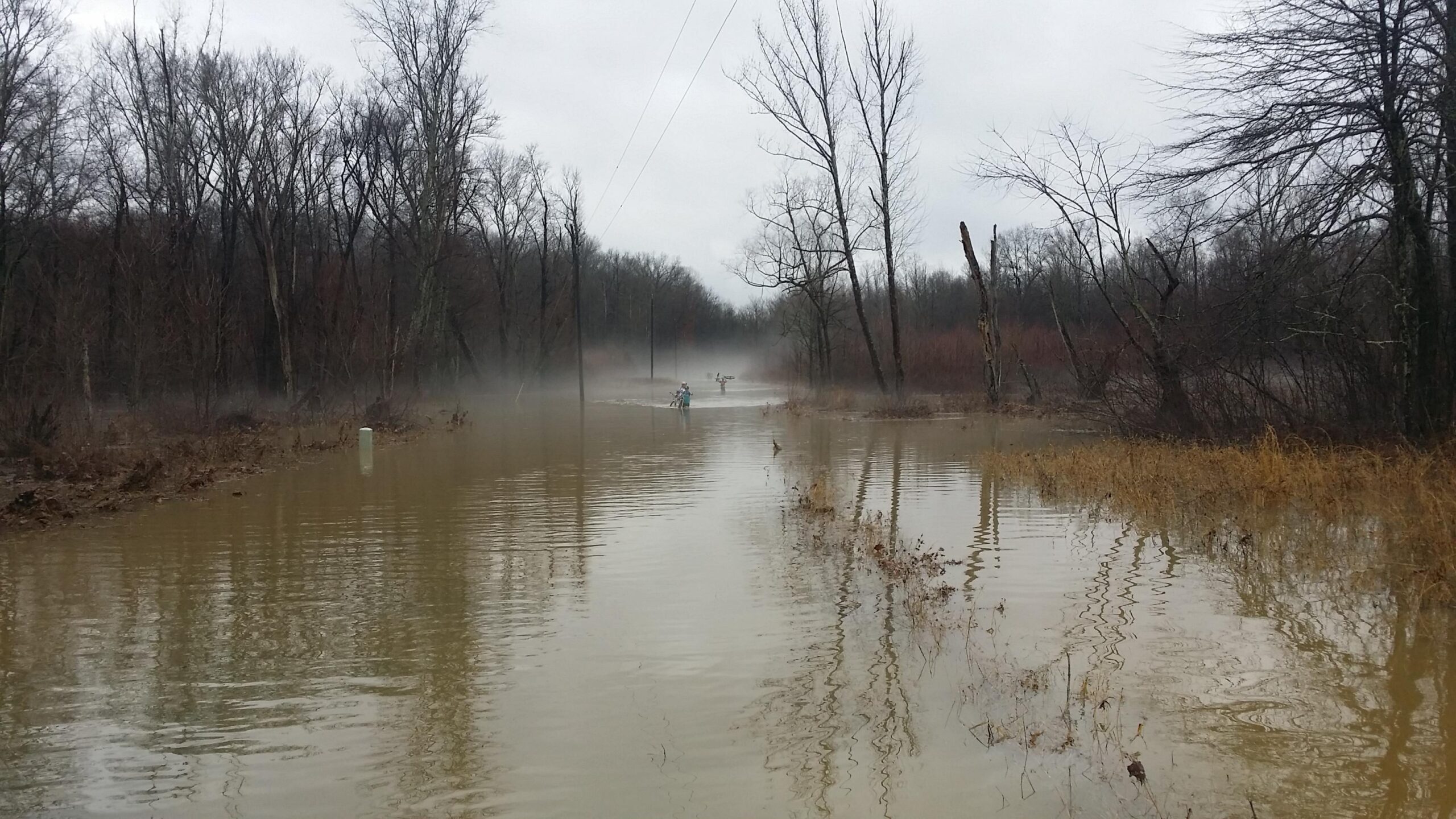 A foggy scene of a flooded landscape with muddy water covering a road. Bare trees are visible along the sides, and two individuals are seen in the background navigating through the water. The environment appears desolate, indicating a recent flood event. Hickory Ridge mountain bike trail.