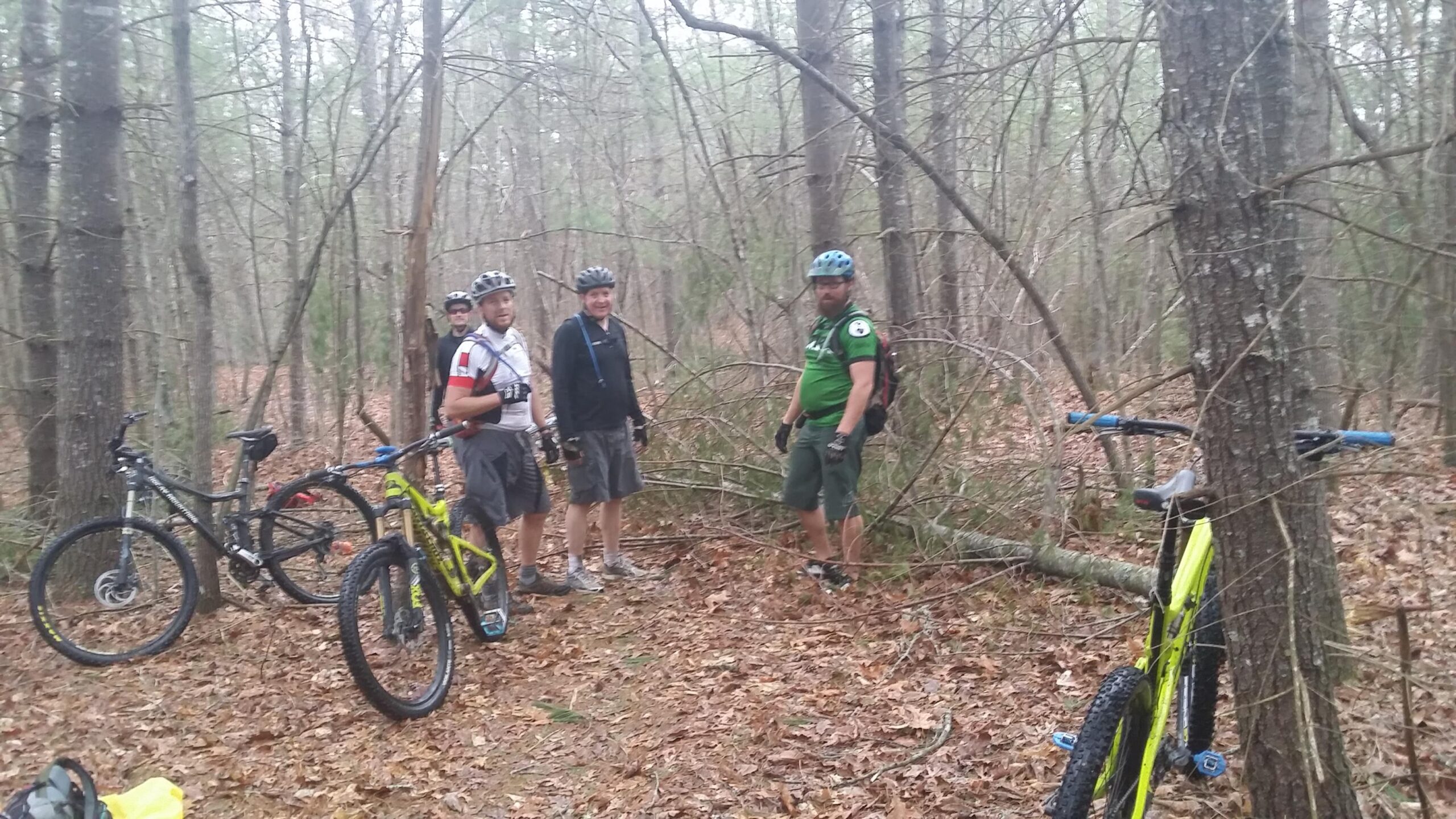 Four mountain bikers are standing beside their bikes in a wooded area. The group is surrounded by trees and fallen leaves, and they appear to be discussing their surroundings. The environment looks muddy and overcast, suggesting recent rain. Big South Fork mountain bike trail.