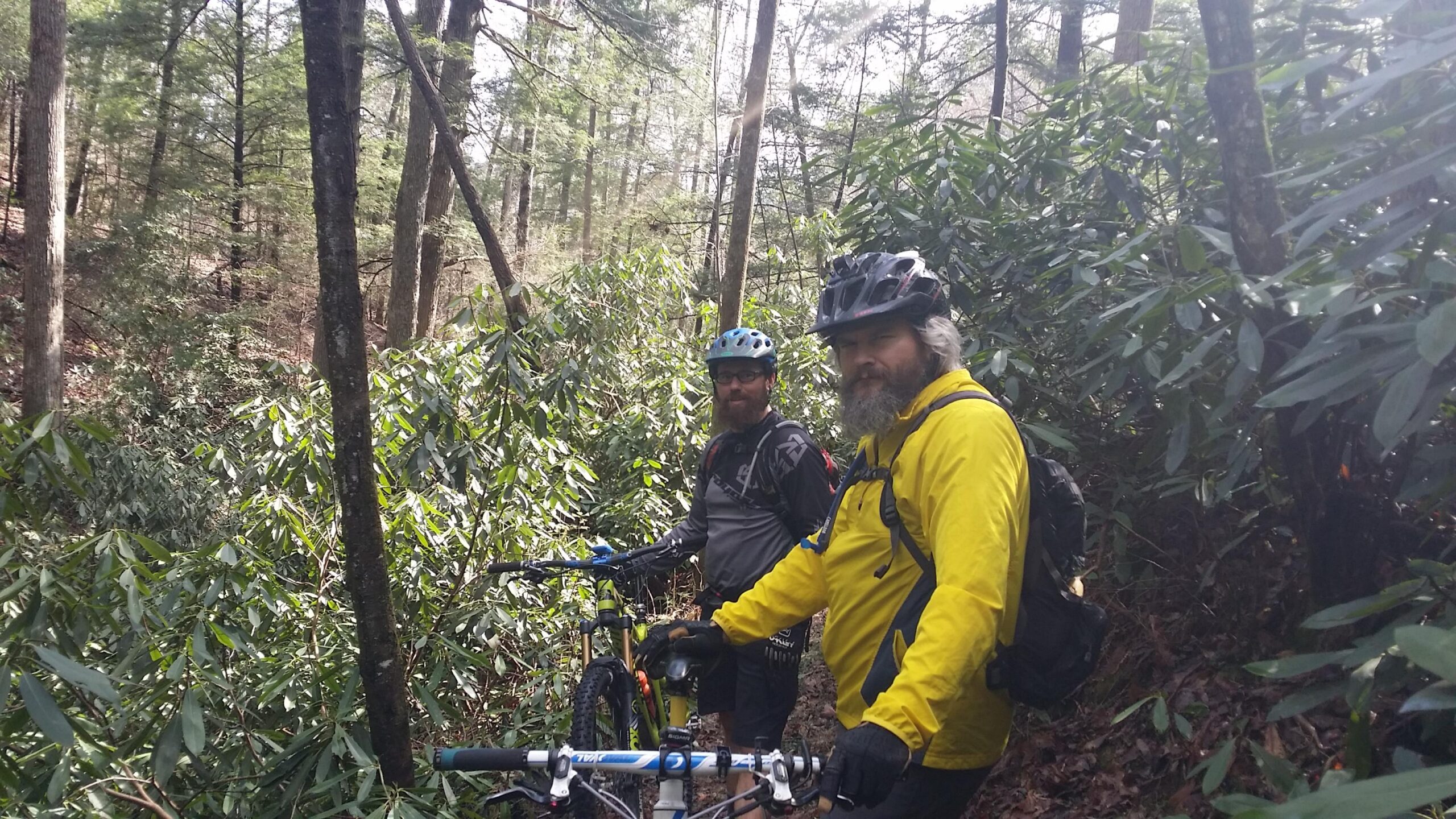 Two mountain bikers pause in a densely wooded area, surrounded by green foliage and trees. One rider, wearing a yellow jacket, looks at the camera with a slight smile, while the other, dressed in a dark shirt and helmet, stands beside him. Both are equipped with mountain bikes and protective gear, suggesting they are enjoying an outdoor biking adventure. Big South Fork mountain bike trail.