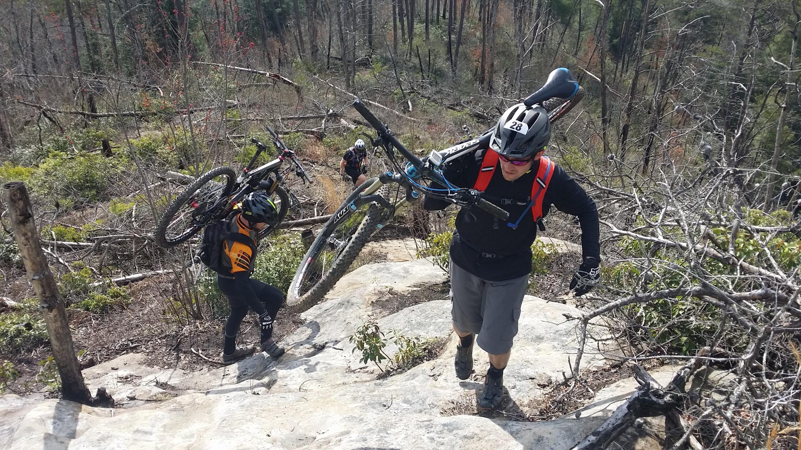 A group of mountain bikers navigating a rocky uphill path through a wooded area, carrying their bicycles on their shoulders. The scene features uneven terrain with patches of greenery and fallen branches, highlighting the challenges of off-road biking. One cyclist is wearing a helmet and a backpack, while other riders are seen in the background. Big South Fork mountain bike trail.