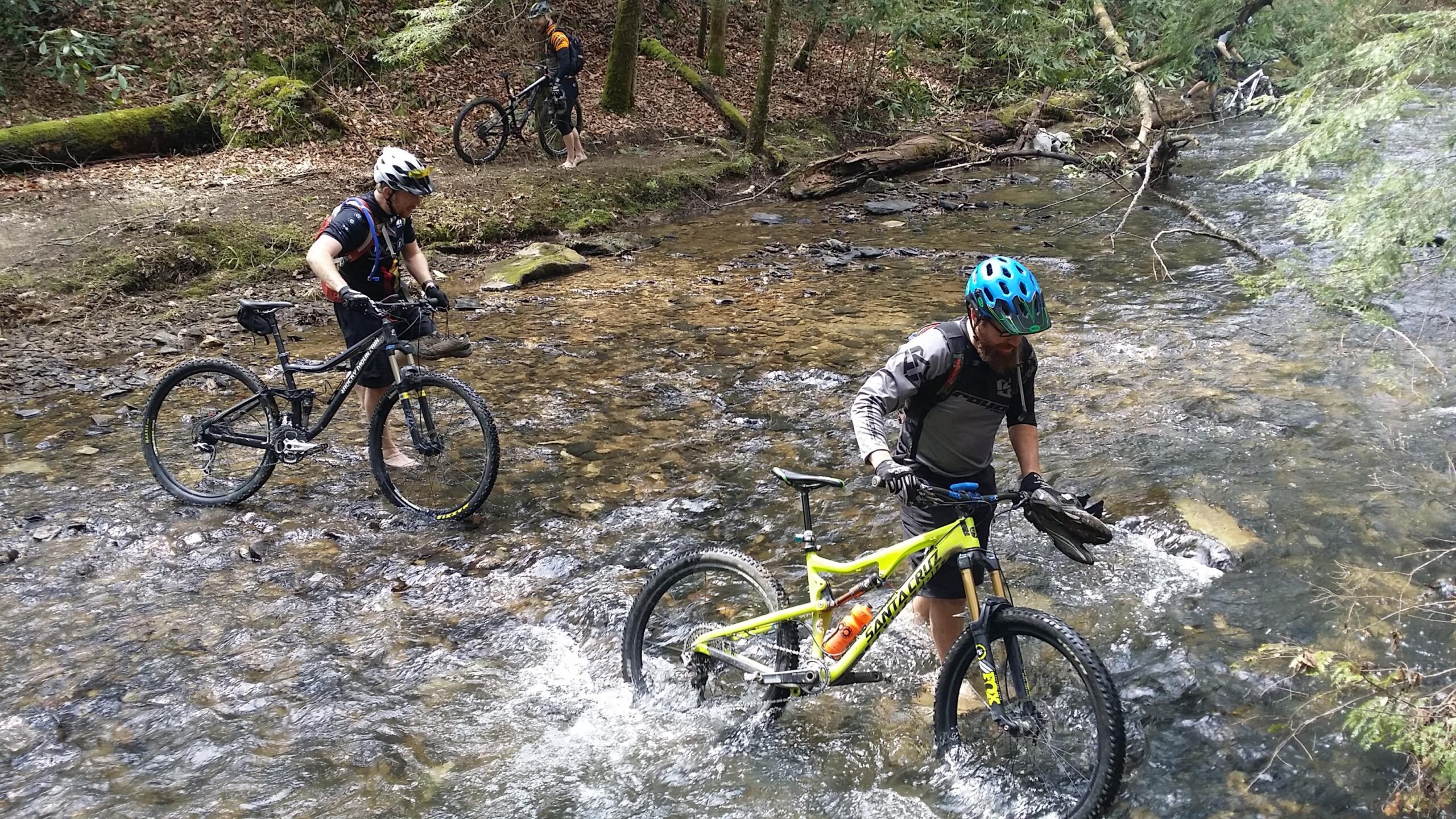 Two mountain bikers navigate a shallow stream, with one rider walking beside a bright yellow bike while carrying another bike in the water. The scene is surrounded by a forested area, featuring lush greenery and fallen logs. A third cyclist is visible in the background, standing near the bank of the stream. Big South Fork mountain bike trail.