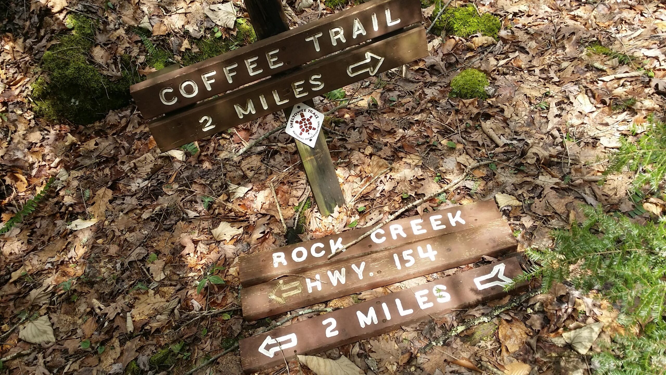 Wooden trail signs on a forest floor covered with leaves, indicating directions and distances: "Coffee Trail - 2 Miles" with an arrow pointing right, and "Rock Creek HWY 154 - 2 Miles" with an arrow pointing left. A small trail marker is visible above the signs. Big South Fork mountain bike trail.