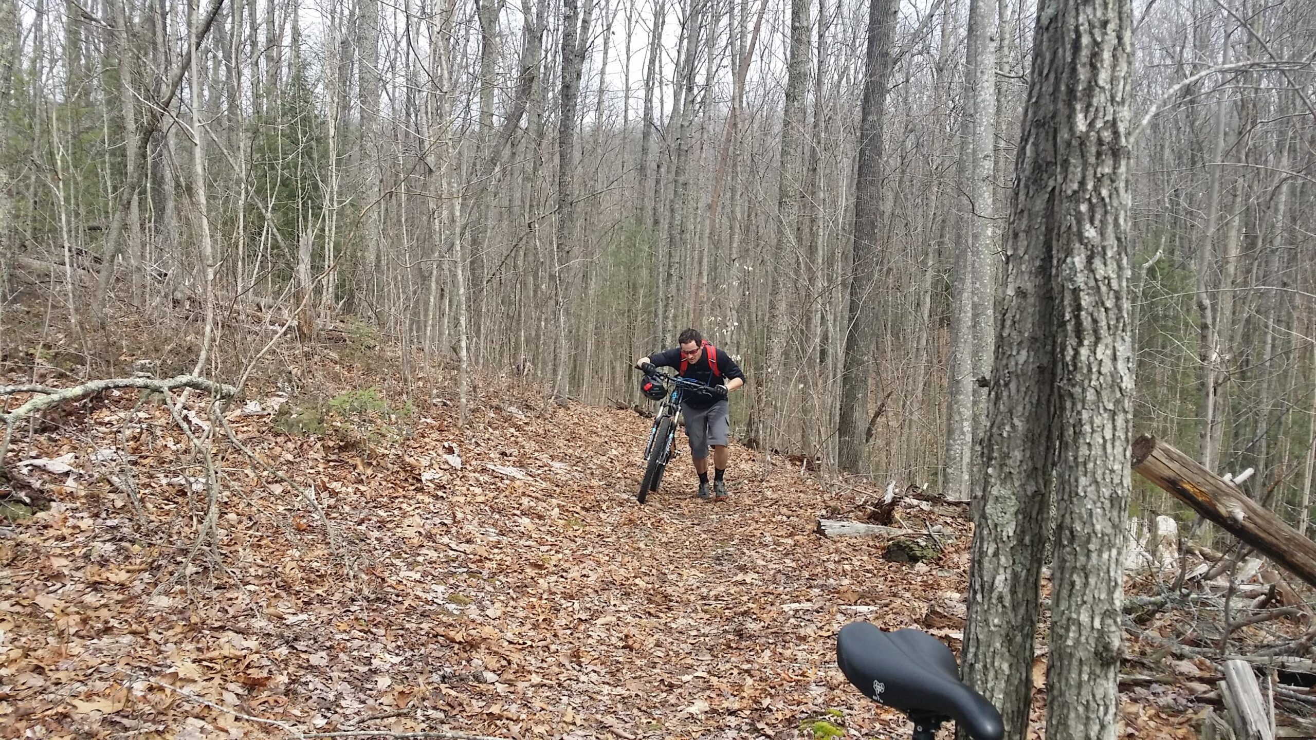 A person pushing a mountain bike up a leaf-covered trail in a wooded area, with bare trees and a few patches of greenery in the background. Big South Fork mountain bike trail.